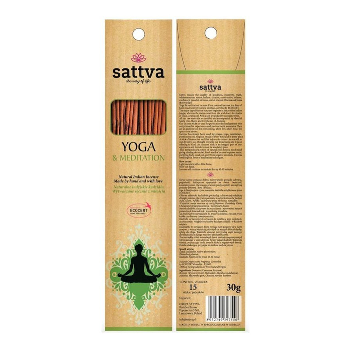 Sattva Naturalne Indyjskie Kadzidła Wytwarzane Ręcznie Z Miłością Yoga&Meditation 15szt 30g