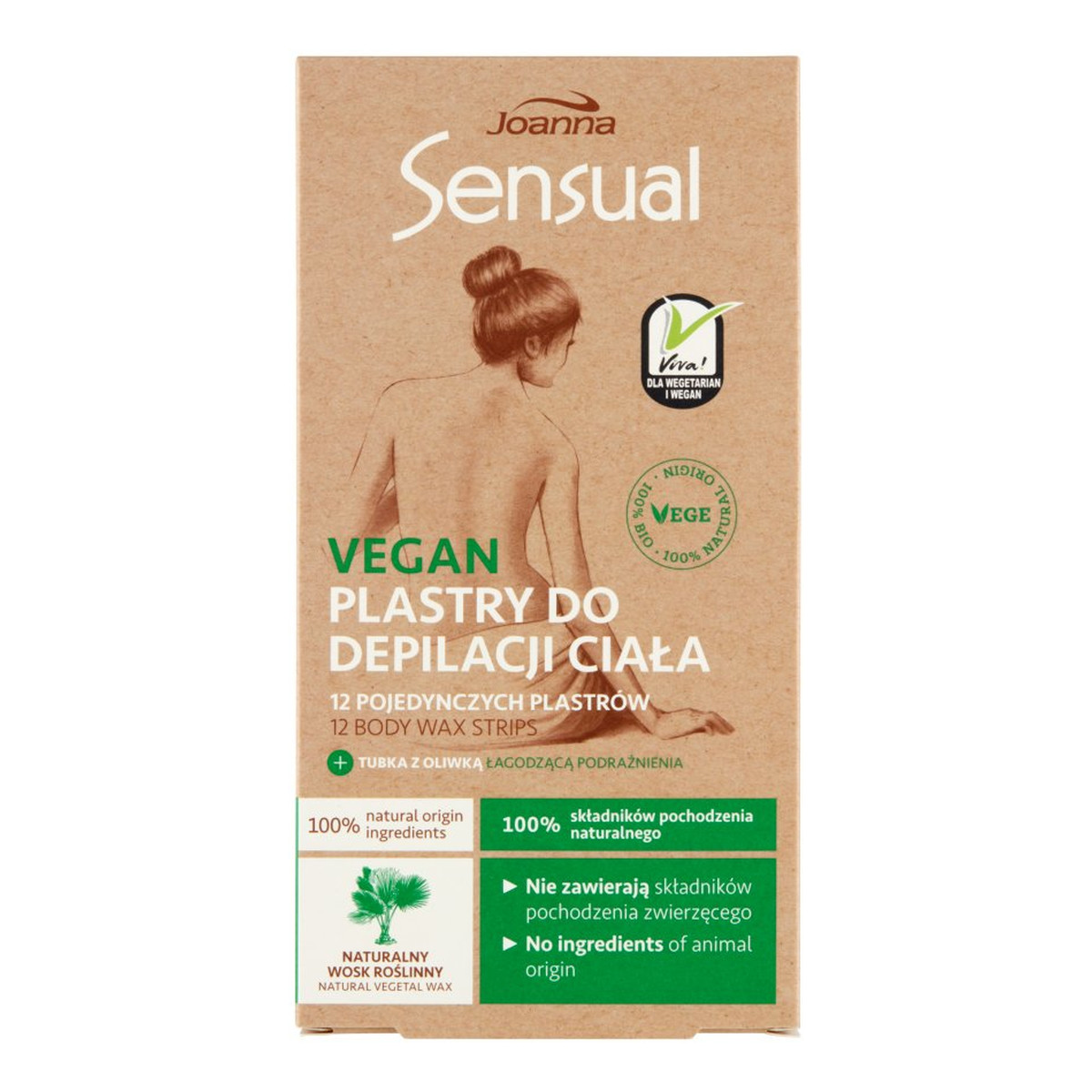 Joanna Sensual Vegan Plastry do depilacji ciała 12 sztuk + Tubka z oliwką łagodzącą 10ml