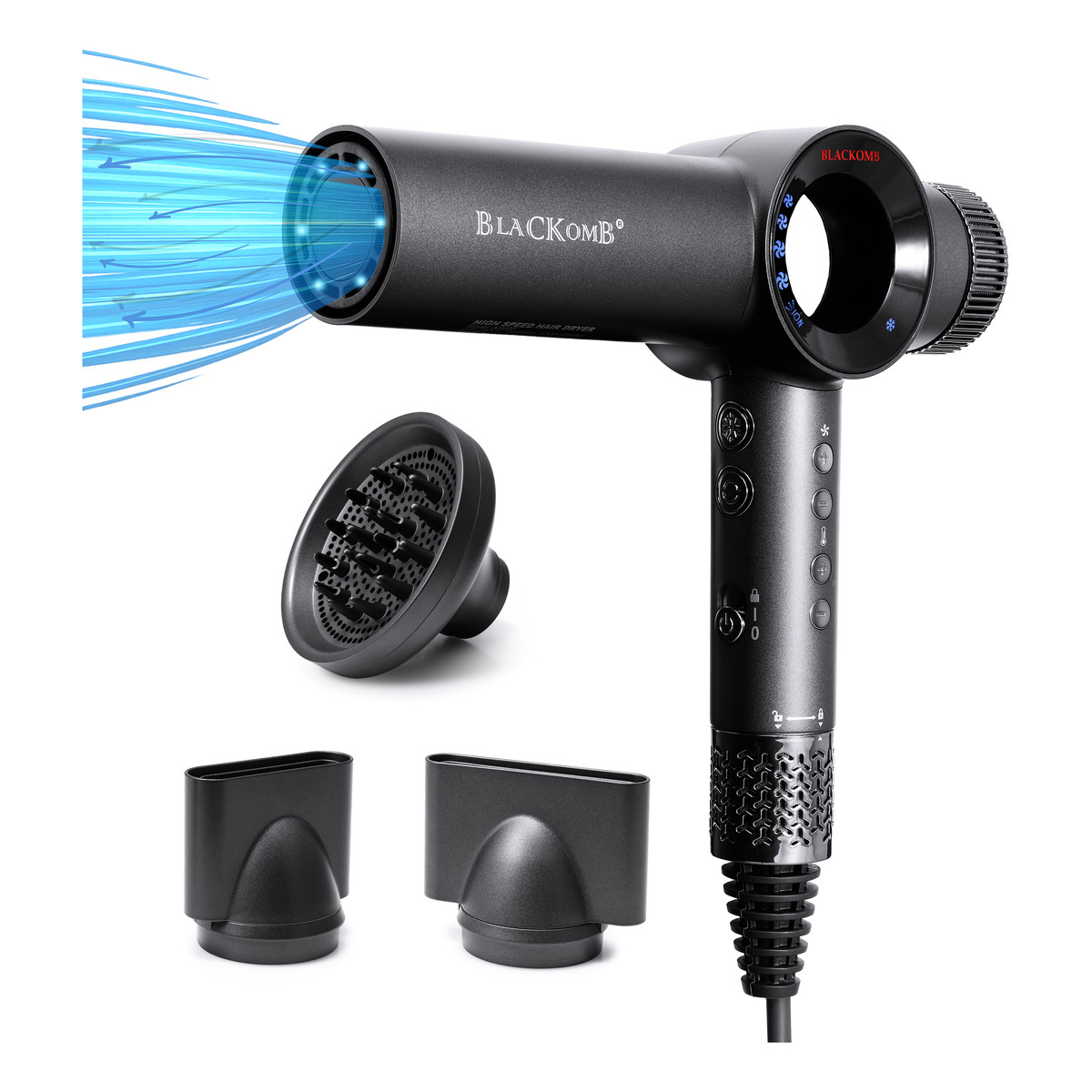 BlacKomb Profesjonalna Suszarka Do Włosów Z Jonami Ujemnymi 1900W + Dyfuzor + Koncentratory Waga 290g 290g