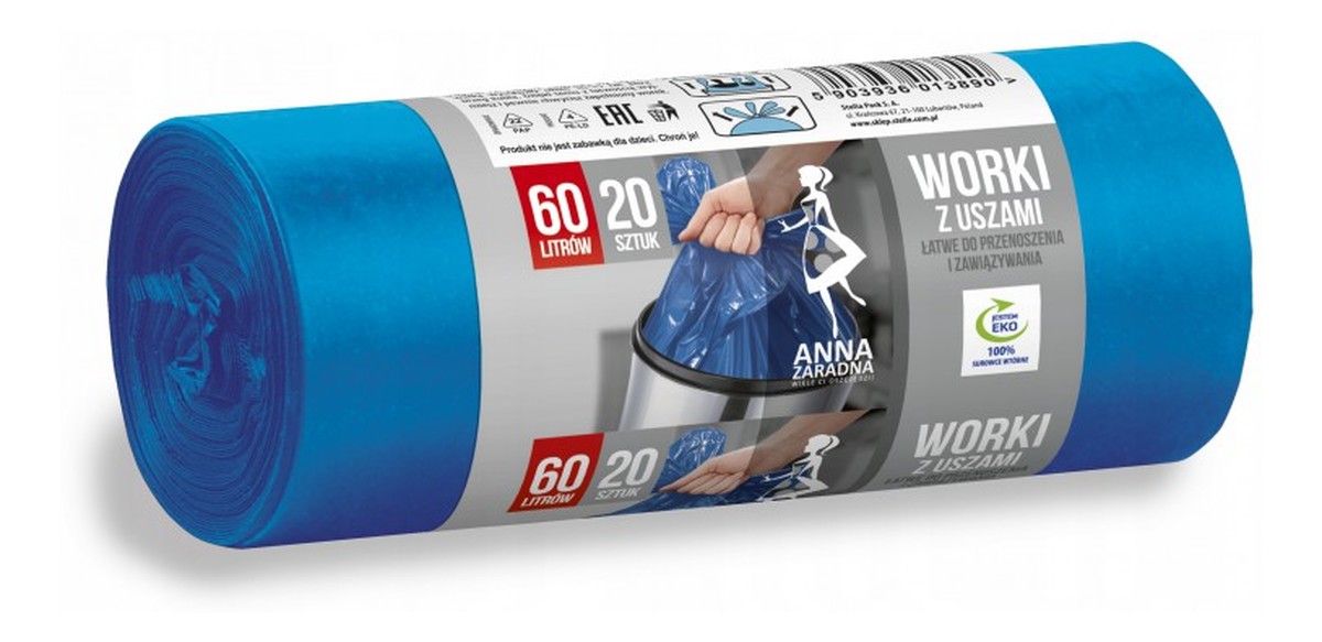 Worki na smieci z uszami 1op.-20szt. niebieskie 60 l
