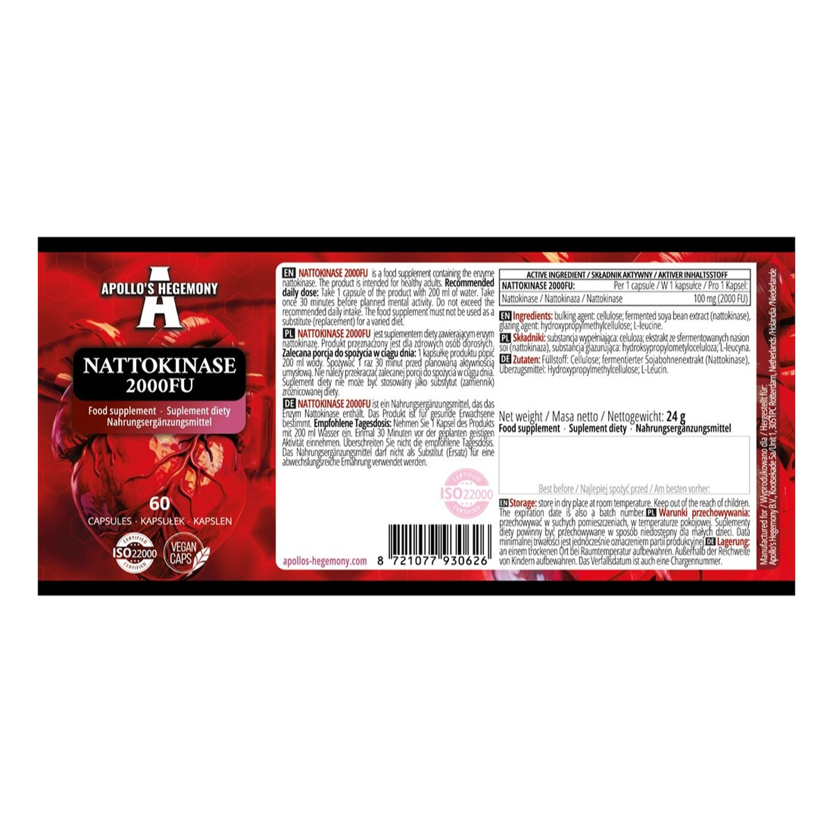Apollo's Hegemony Nattokinase 2000FU suplement diety 60 Kapsułek