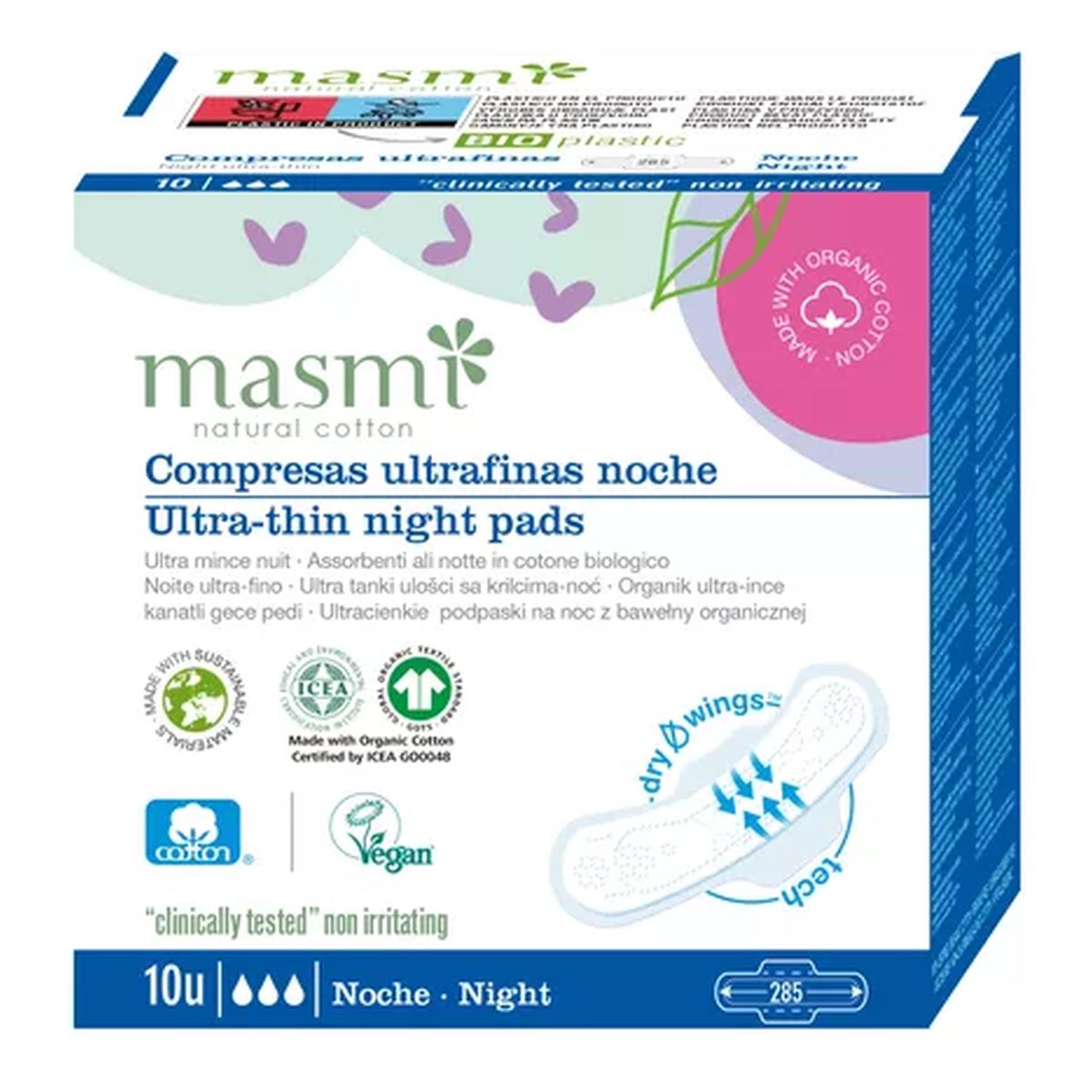 MASMI Ultracienkie bawełniane podpaski na noc ze skrzydełkami -100% bawełny organicznej 10 szt.