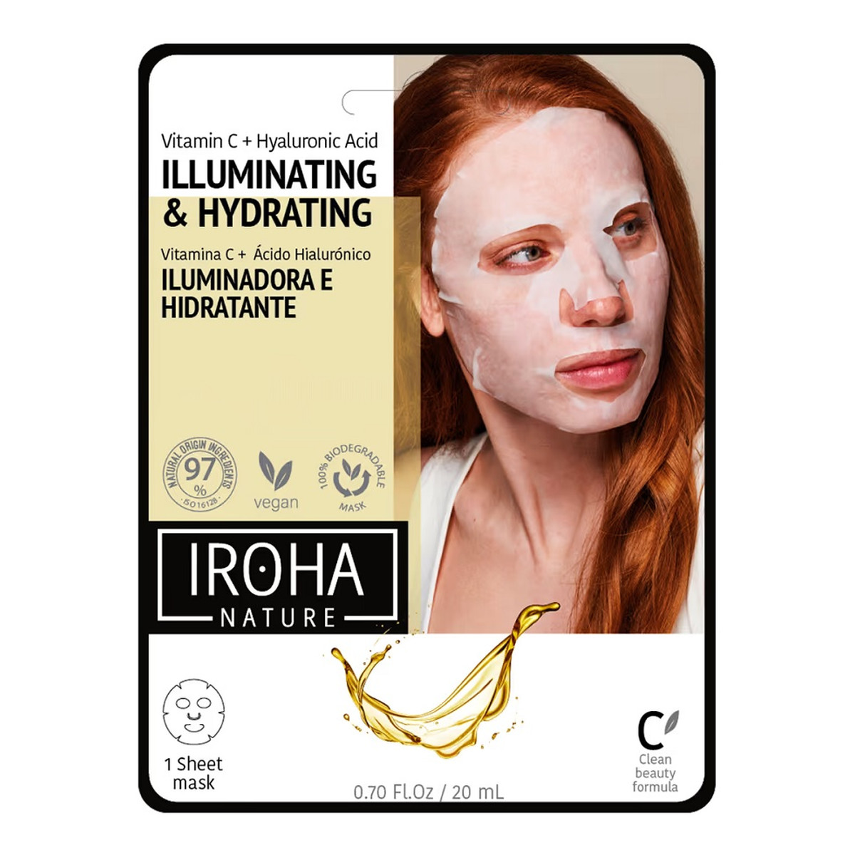 Iroha Nature Illuminating & hydrating tissue face mask rozświetlająco-nawilżająca maska w płachcie z witaminą c i kwasem hialuronowym 20ml