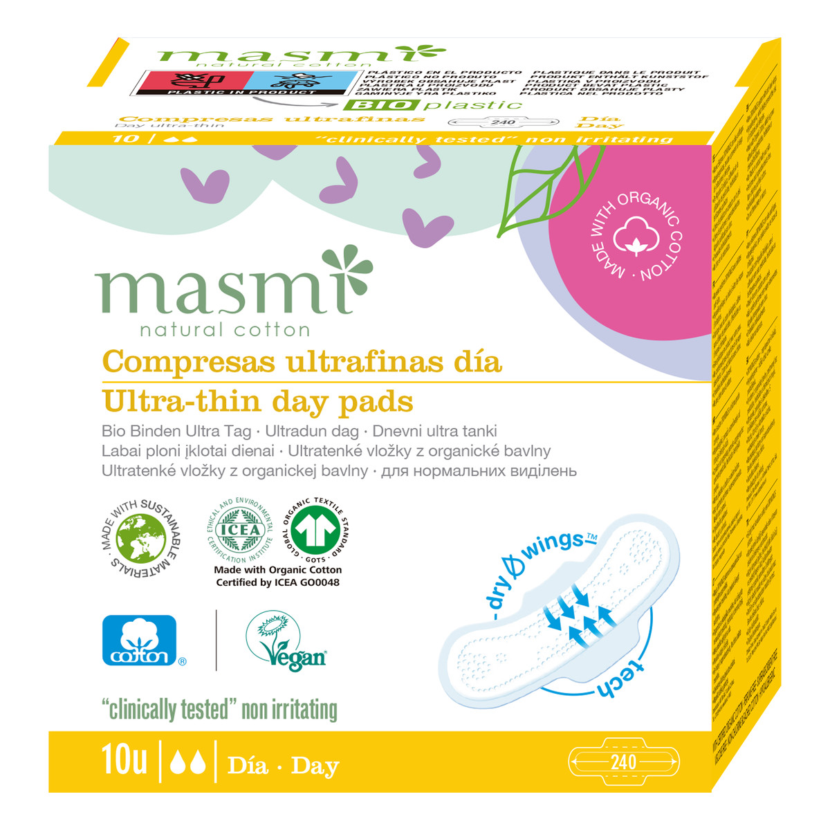 MASMI Ultra cienkie bawełniane podpaski na dzień ze skrzydełkami -100% bawełny organicznej 10 szt.