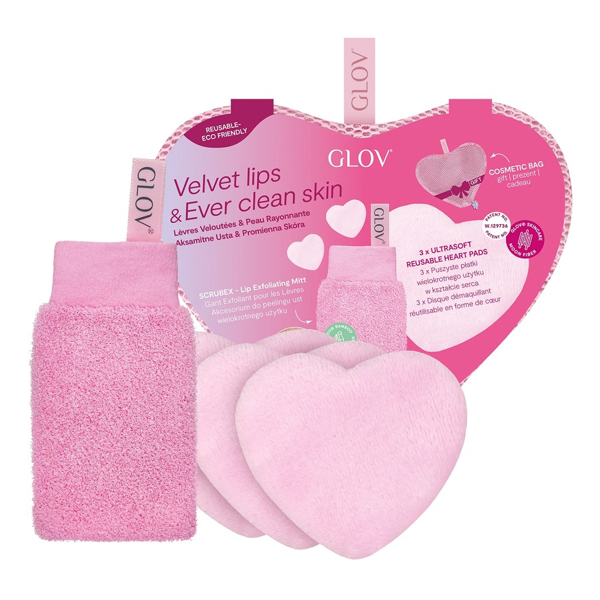 Glov Velvet Lips & Ever Clear Skin Zestaw rękawica do peelingu ust + wielorazowe płatki kosmetyczne w kształcie serca