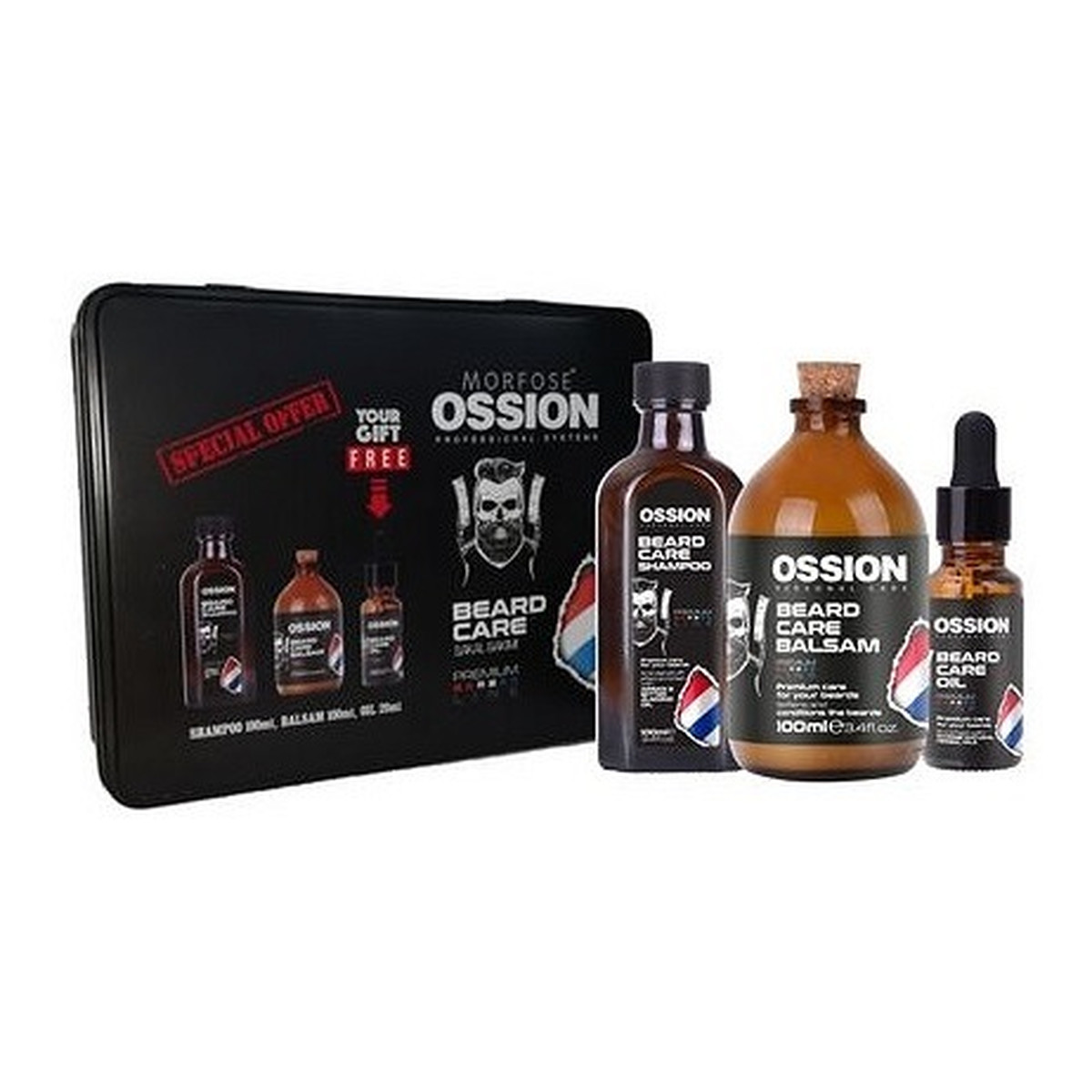 Morfose Ossion Premium Barber Beard Zestaw szampon do brody 100ml + balsam do brody 100ml + olejek do brody 20ml metalowe pudełko