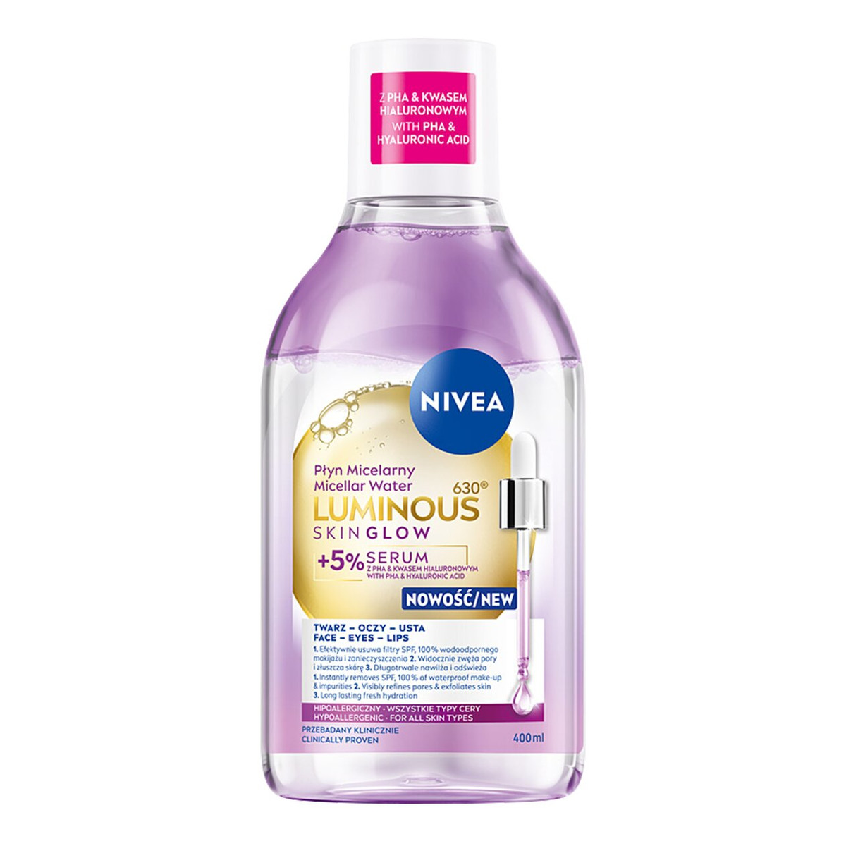 Nivea Luminous 630 Skin Glow Płyn Micelarny 5% Serum Kwas Hialuronowy 400ml