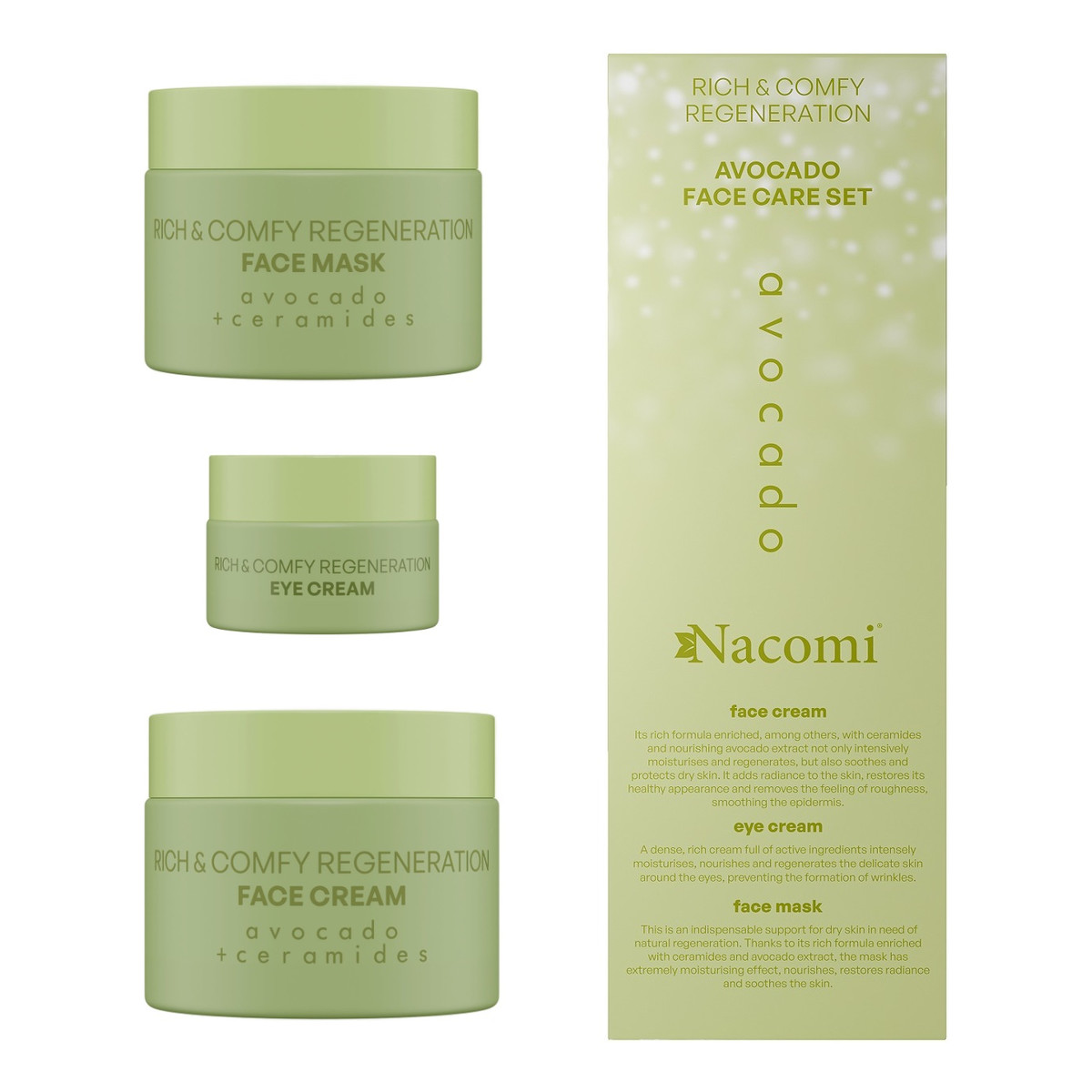 Nacomi Face Care Set Avocado Zestaw prezentowy Krem do pielęgnacji twarzy 40 ml + Maska do twarzy 40 ml + Krem pod oczy 15 ml