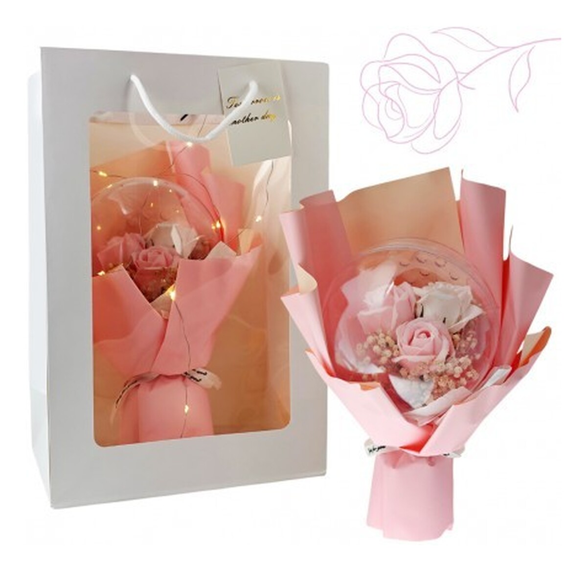 Bukiet zapachowych kwiatów mydlanych w torebce na prezent, kula, świecące led (buk14r)