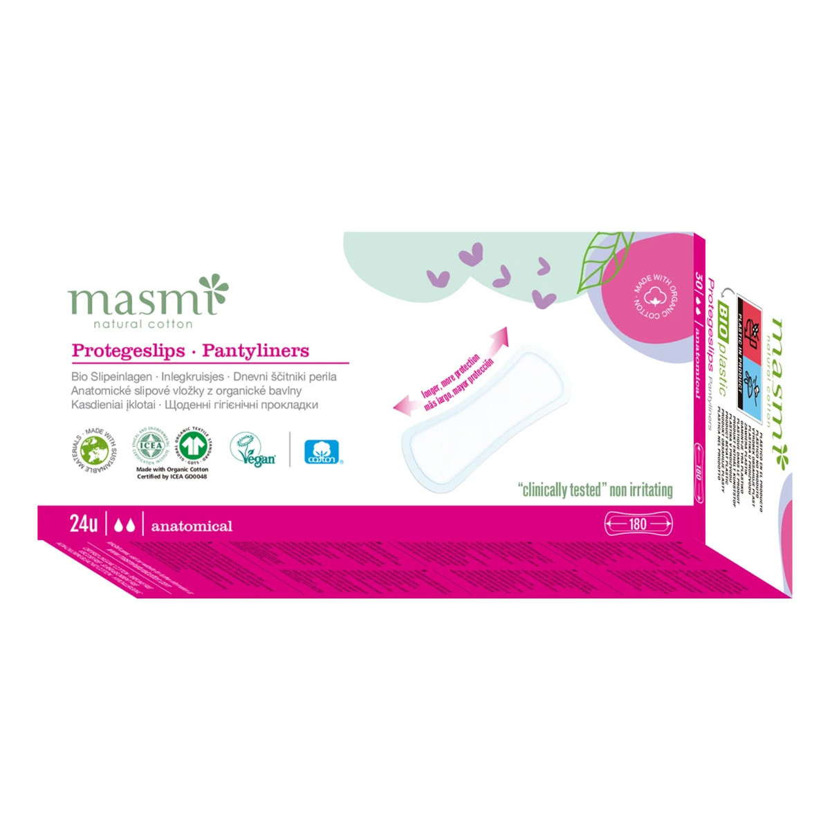 MASMI Wkładki higieniczne o anatomicznym kształcie -100% bawełny organicznej 24szt.