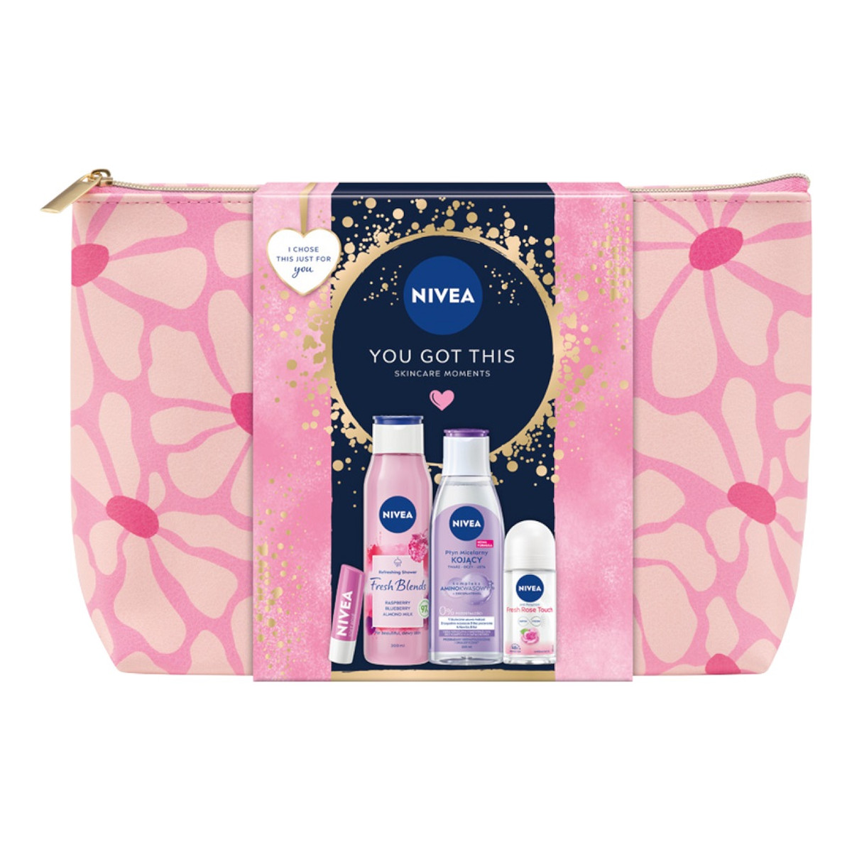 Nivea You Got This Zestaw odświeżający żel pod prysznic 300ml + antyperspirant roll-on 50ml + pielęgnująca pomadka do ust 4.8g + kojący płyn micelarny 200ml + kosmetyczka