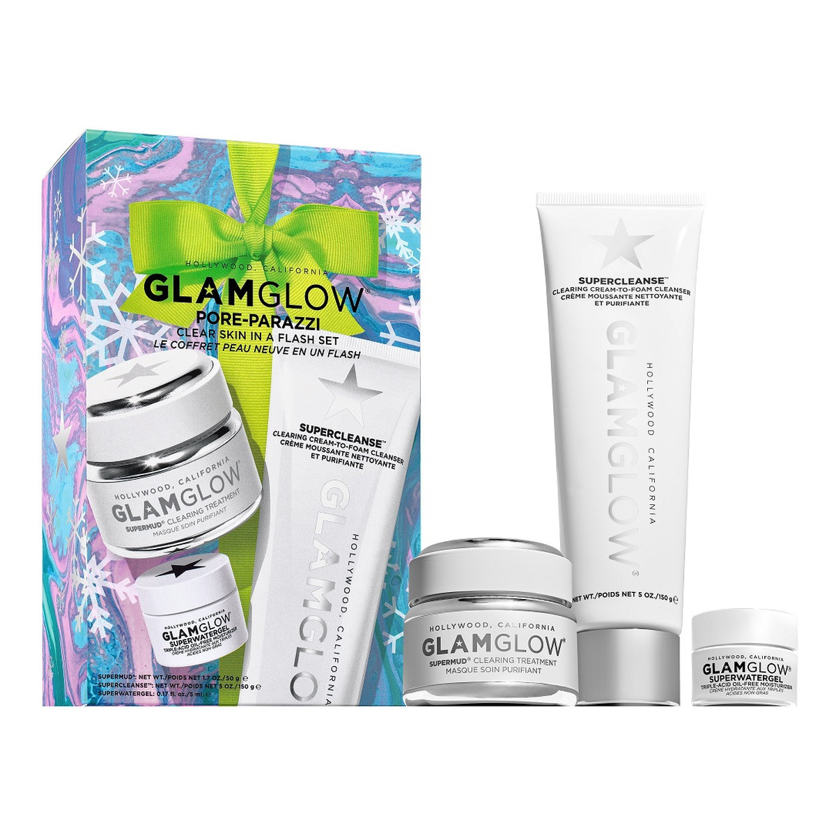 GlamGlow Pore-Parazzi Zestaw oczyszczająca maseczka do twarzy 50g + kremowa pianka oczyszczająca 150g + beztłuszczowy krem nawilżający 5ml