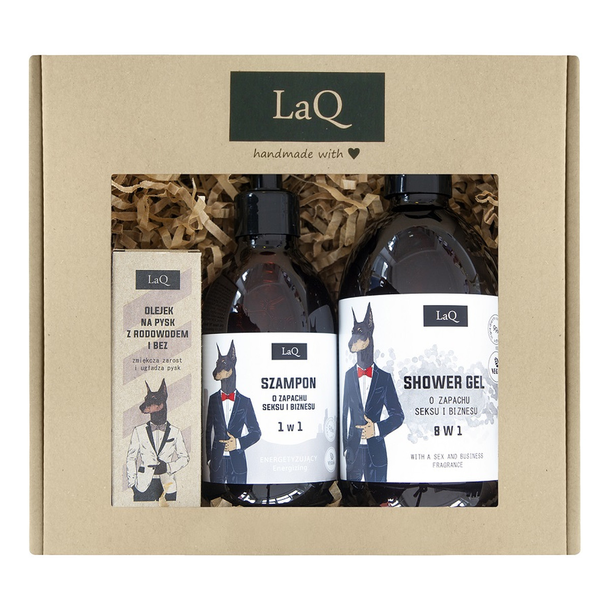 Laq Doberman Zestaw żel pod prysznic 500ml + szampon do włosów 300ml + olejek do brody 30ml