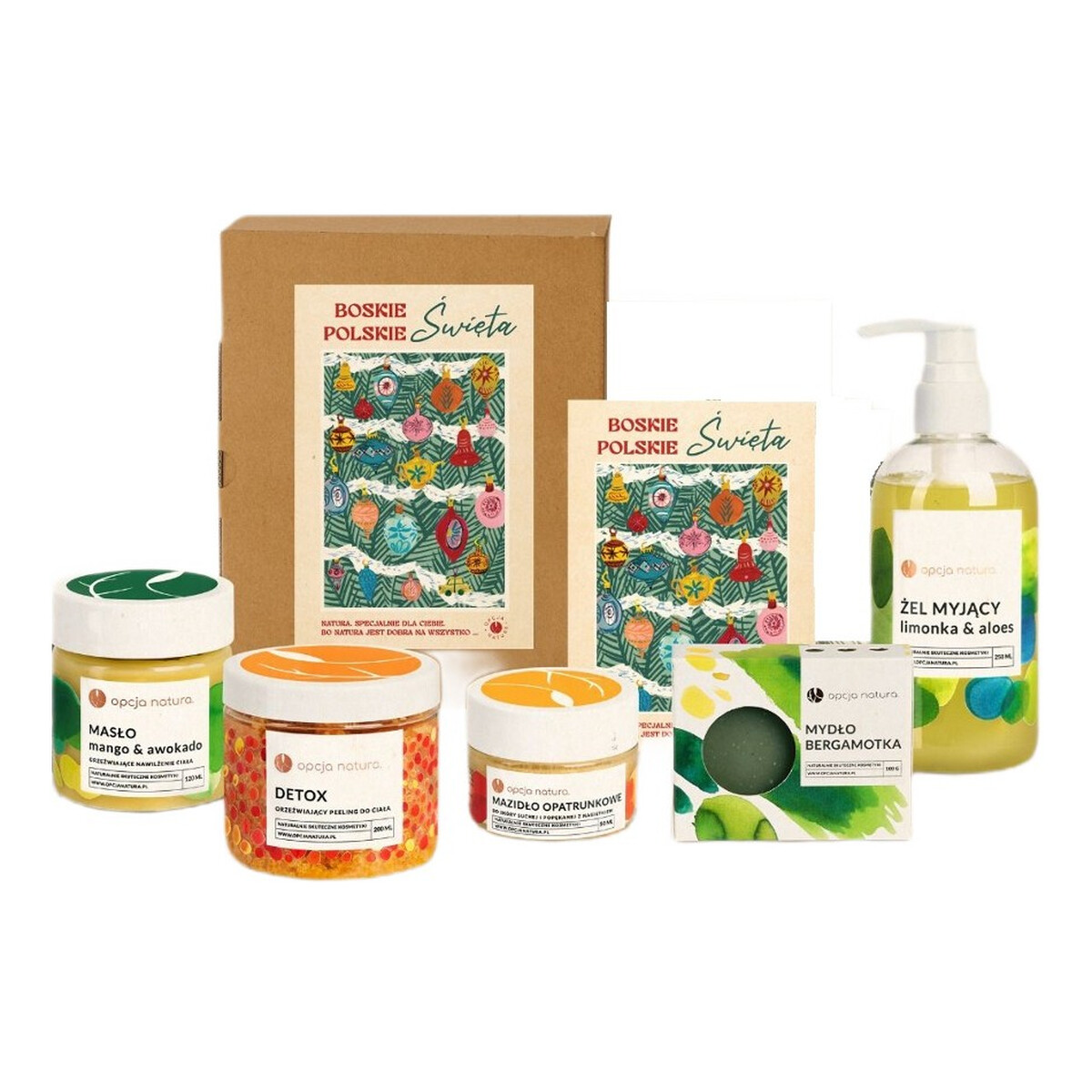 Opcja Natura Boskie Polskie Święta Zestaw masło do ciała mango i awokado 120g + mazidło opatrunkowe na otarcia i oparzenia 50ml + peeling do ciała detox 200ml + żel myjący limonka i aloes 250ml + mydło bergamotka 100g