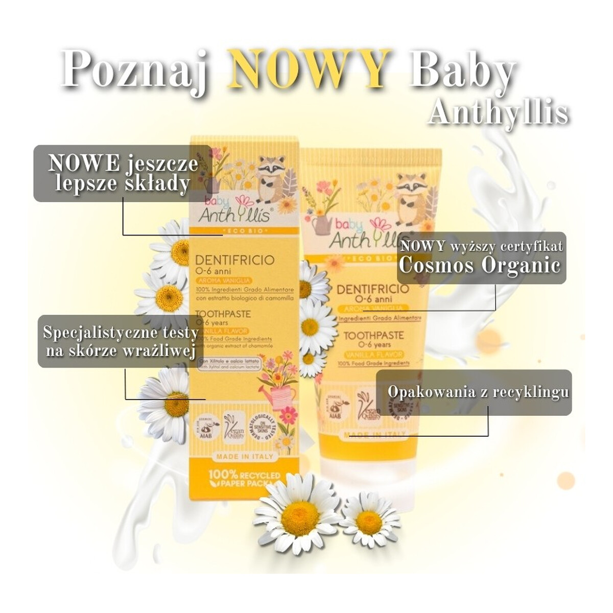 Anthyllis Baby Bio Pasta do zębów dla dzieci BEZ FLUORU z ekologicznymi aloesem i rumiankiem waniliowa 0-6 lat 75ml