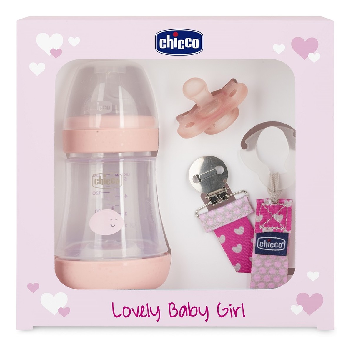 Chicco Lovely Baby Girl Zestaw butelka antykolkowa perfect 5 150ml + smoczek physioforma mini soft + tasiemka do smoczka