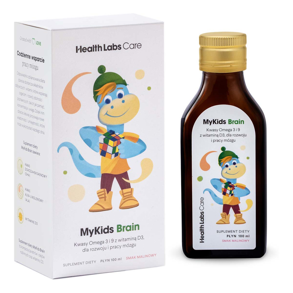 HealthLabs Mykids brain kwasy omega 3 i 9 z witaminą d3 dla rozwoju i pracy mózgu dziecka suplement diety malinowy 100ml