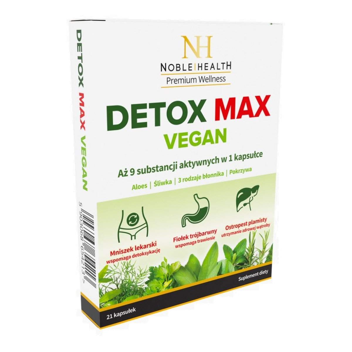 Noble Health Detox max vegan suplement diety wspomagający proces detoksykacji organizmu i prawidłowe funkcjonowanie układu trawiennego 21 kapsułek