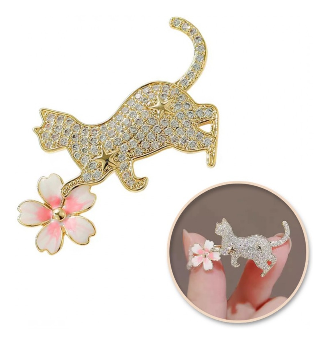 Broszka ozdobna emaliowana - kotek z kwiatkiem BZ211