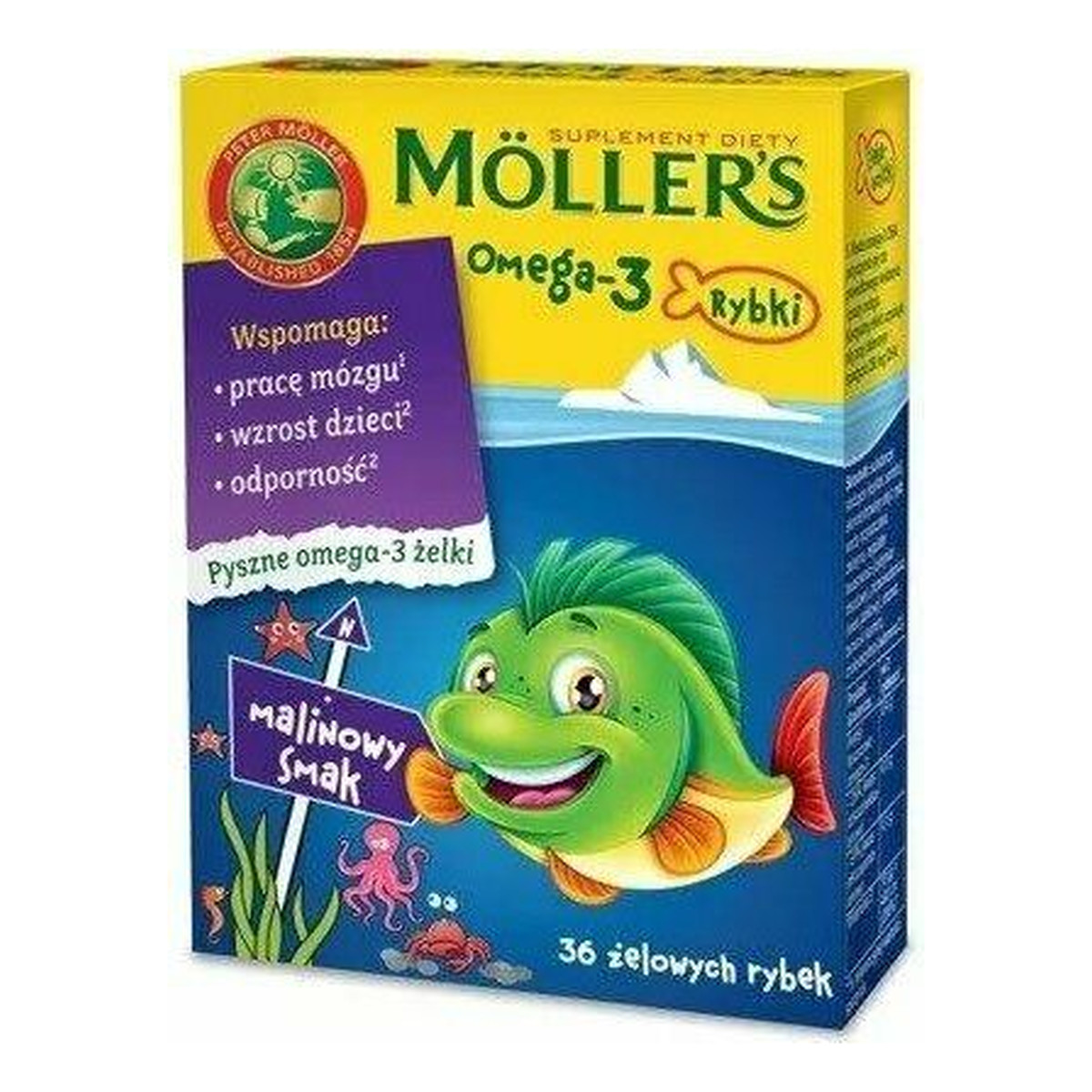 Moller's Omega-3 Rybki żelki z kwasami omega-3 i witaminą D3 dla dzieci Malinowe 36szt.