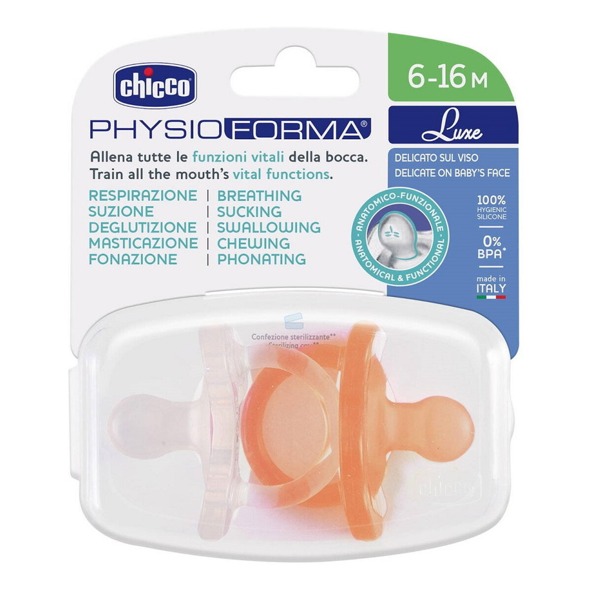 Chicco Physioforma luxe smoczek silikonowy uspokajający 6-16m pomarańczowy 2szt.