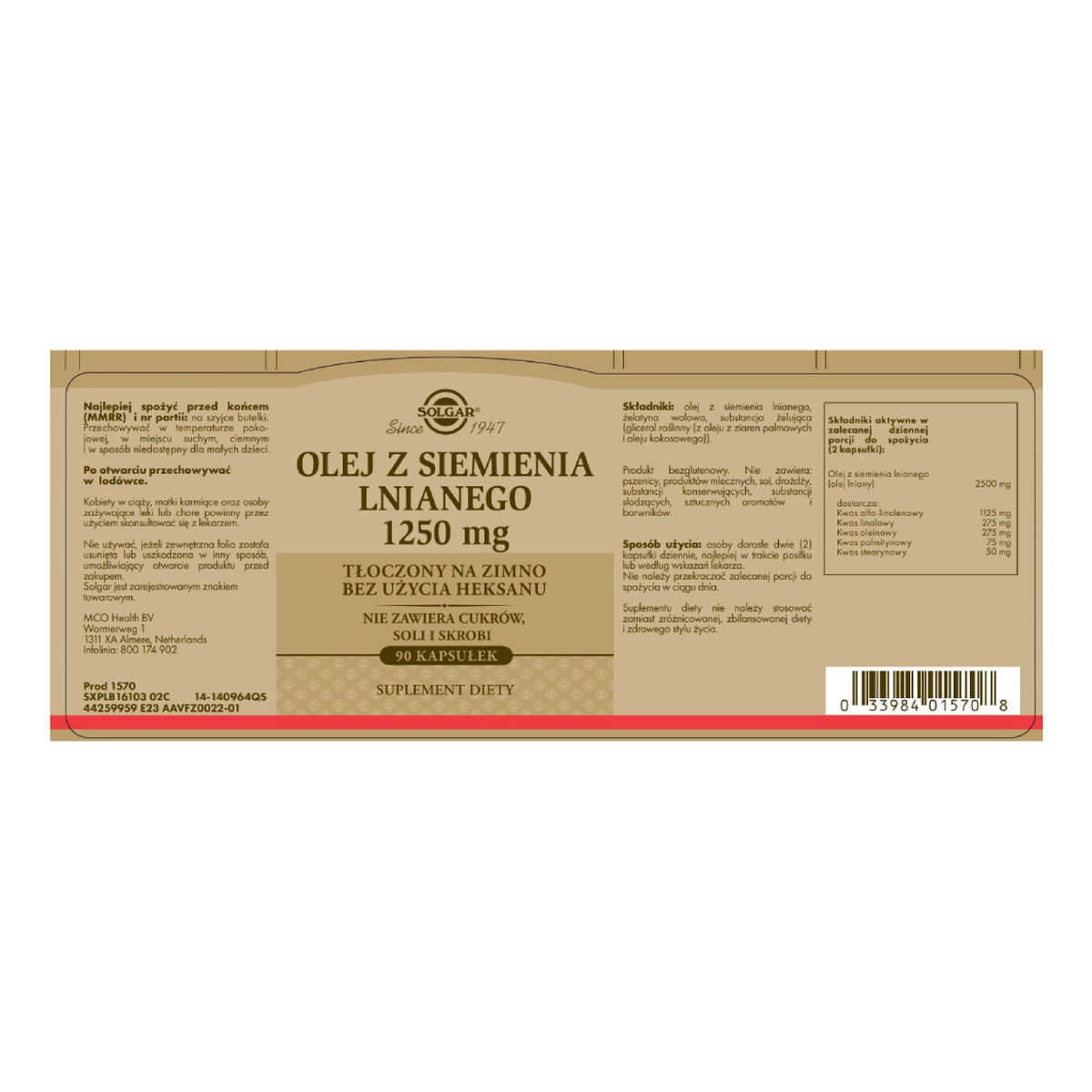 Solgar Olej z siemienia lnianego 1250mg suplement diety 90 Kapsułek