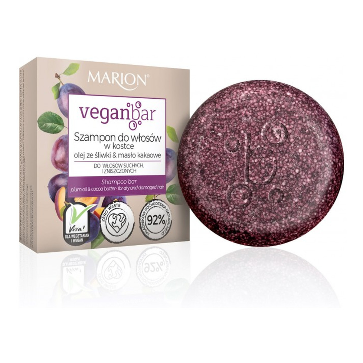 Marion Veganbar szampon do włosów suchych i zniszczonych w kostce olej ze śliwki & masło kakaowe 50g