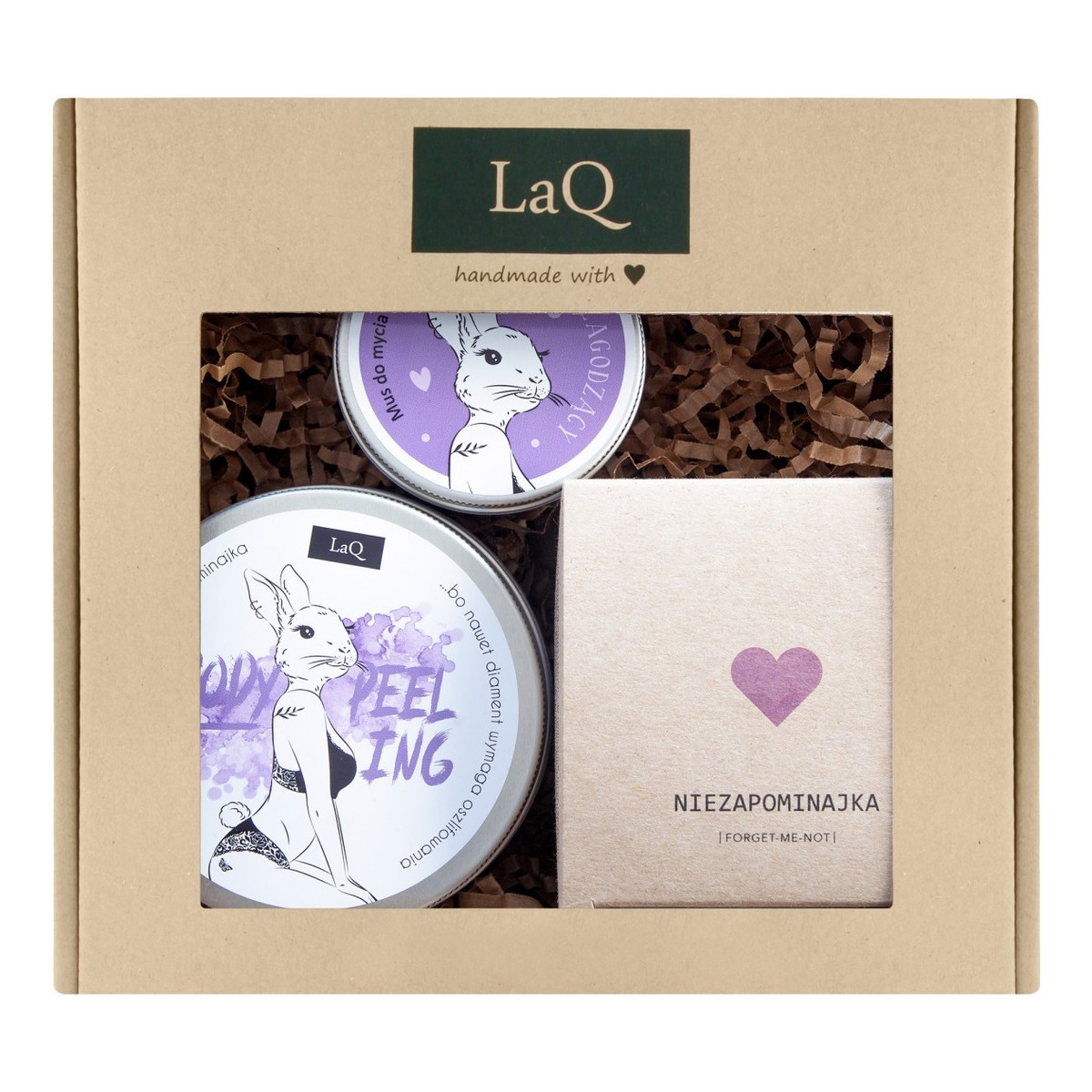 Laq Króliczka Niezapominajka Zestaw peeling myjący 200ml + masło do ciała 200ml + mus do mycia twarzy 100ml