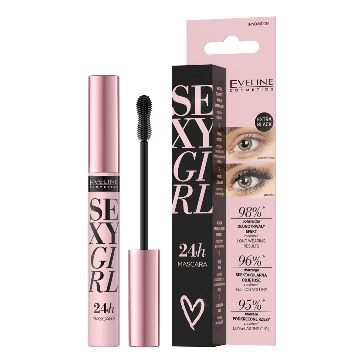 Eveline Sexy Girl Maskara 24H nadająca objętość i podkręcająca - extra black 10ml