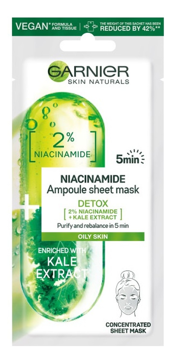 Niacinamide Ampoule Sheet Mask Ampułka detoksykująca w masce na tkaninie witaminą B3 i ekstraktem z jarmużu