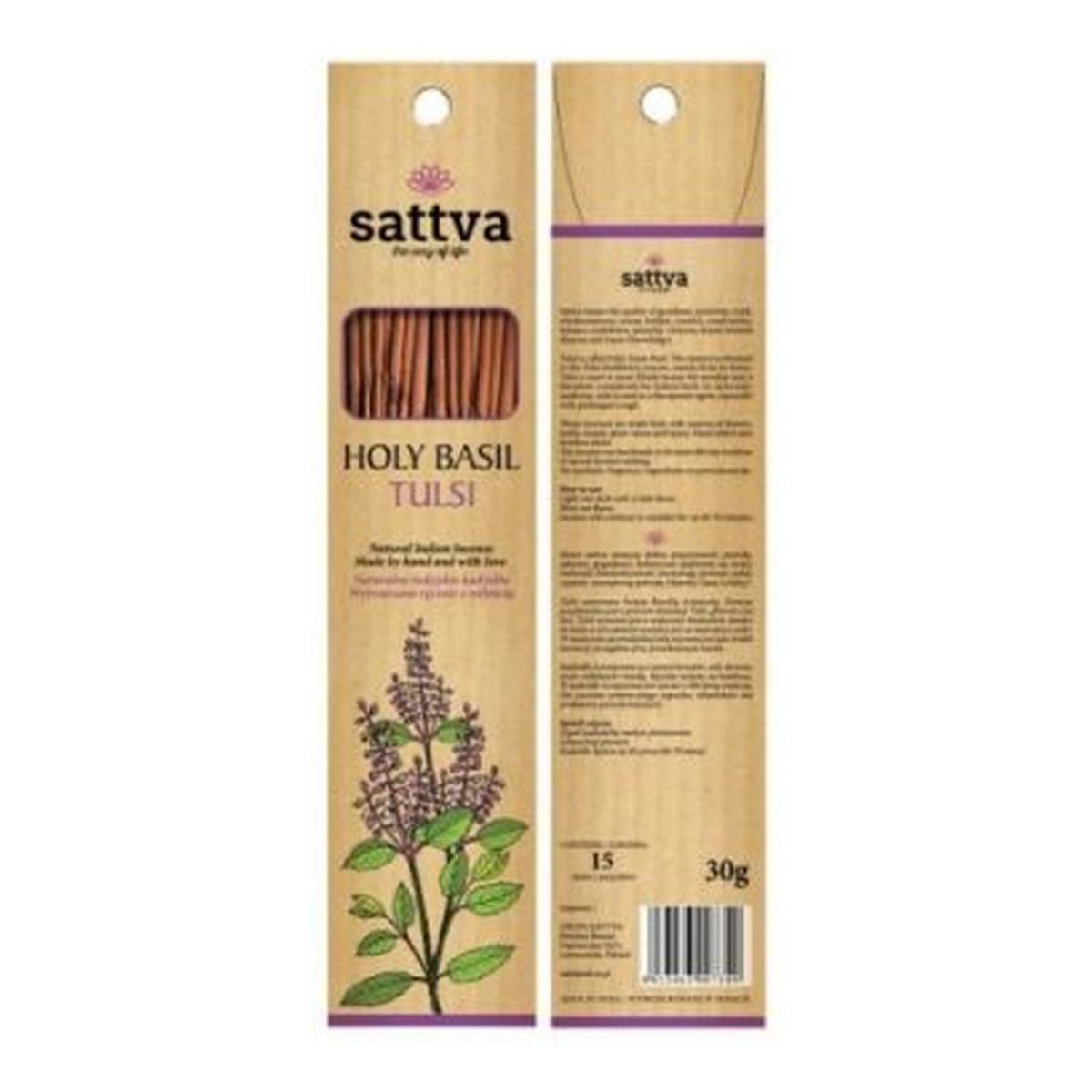Sattva Naturalne Indyjskie Kadzidła Wytwarzane Ręcznie Z Miłością Tulsi 15szt 30g