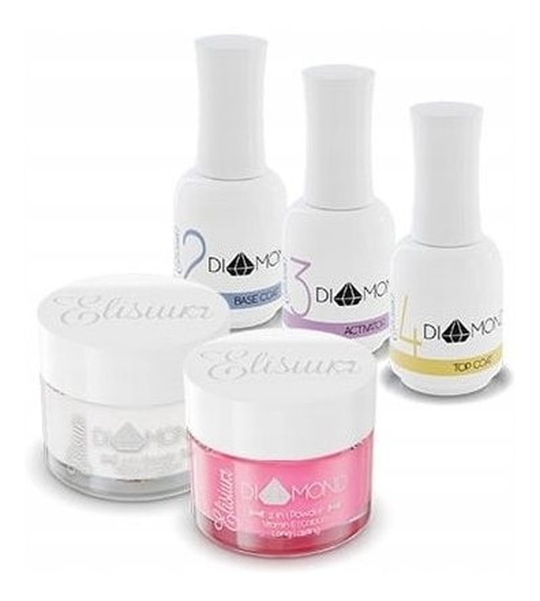 Zestaw Diamond Mini Base Coat 15ml + Activator 15ml + Top Coat 15ml + Clear 23g + żel Warm Violet 23g