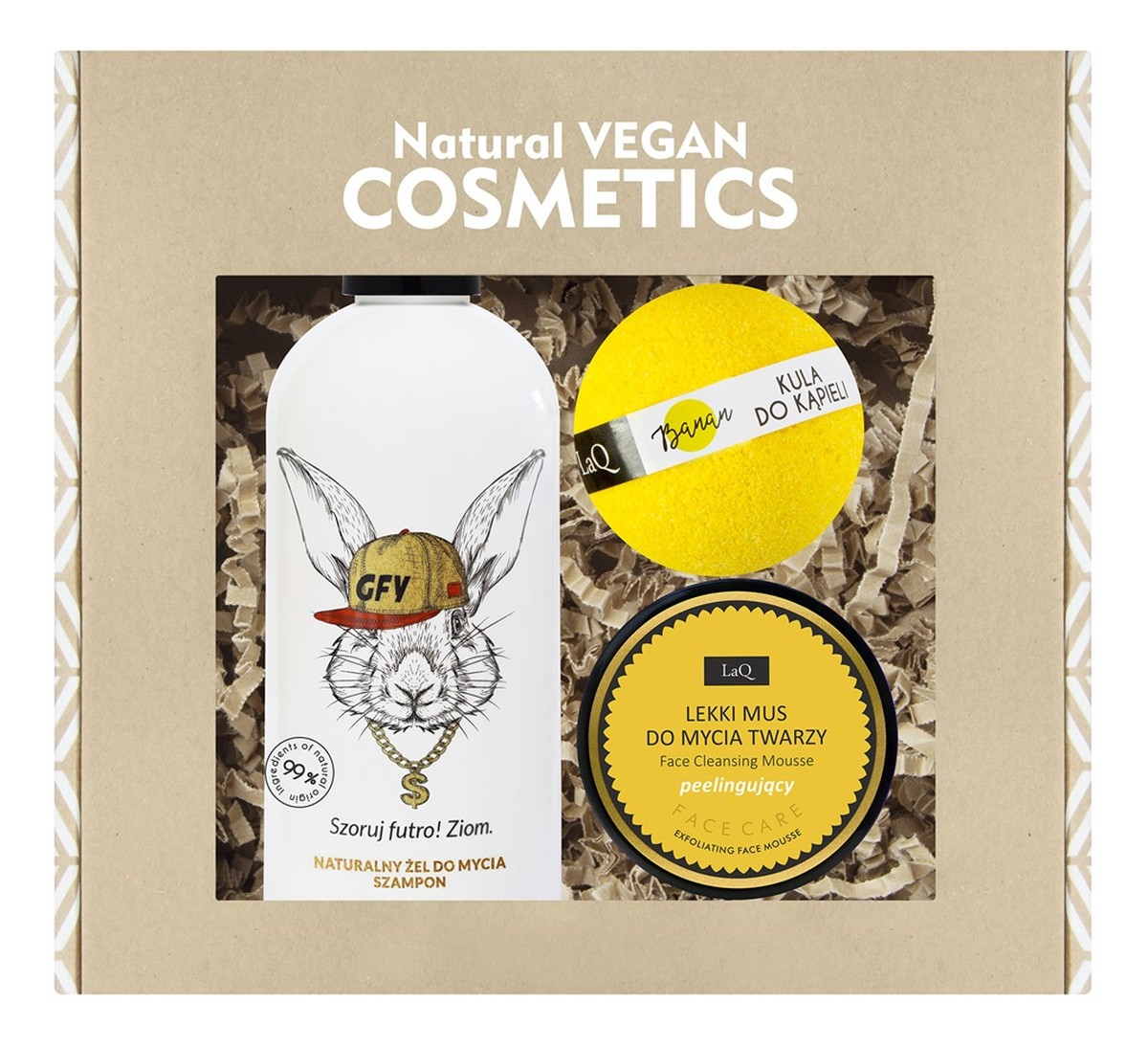 Żel do mycia 300ml + mus do mycia twarzy peelingujący 70g + kula do kąpieli banan 120g