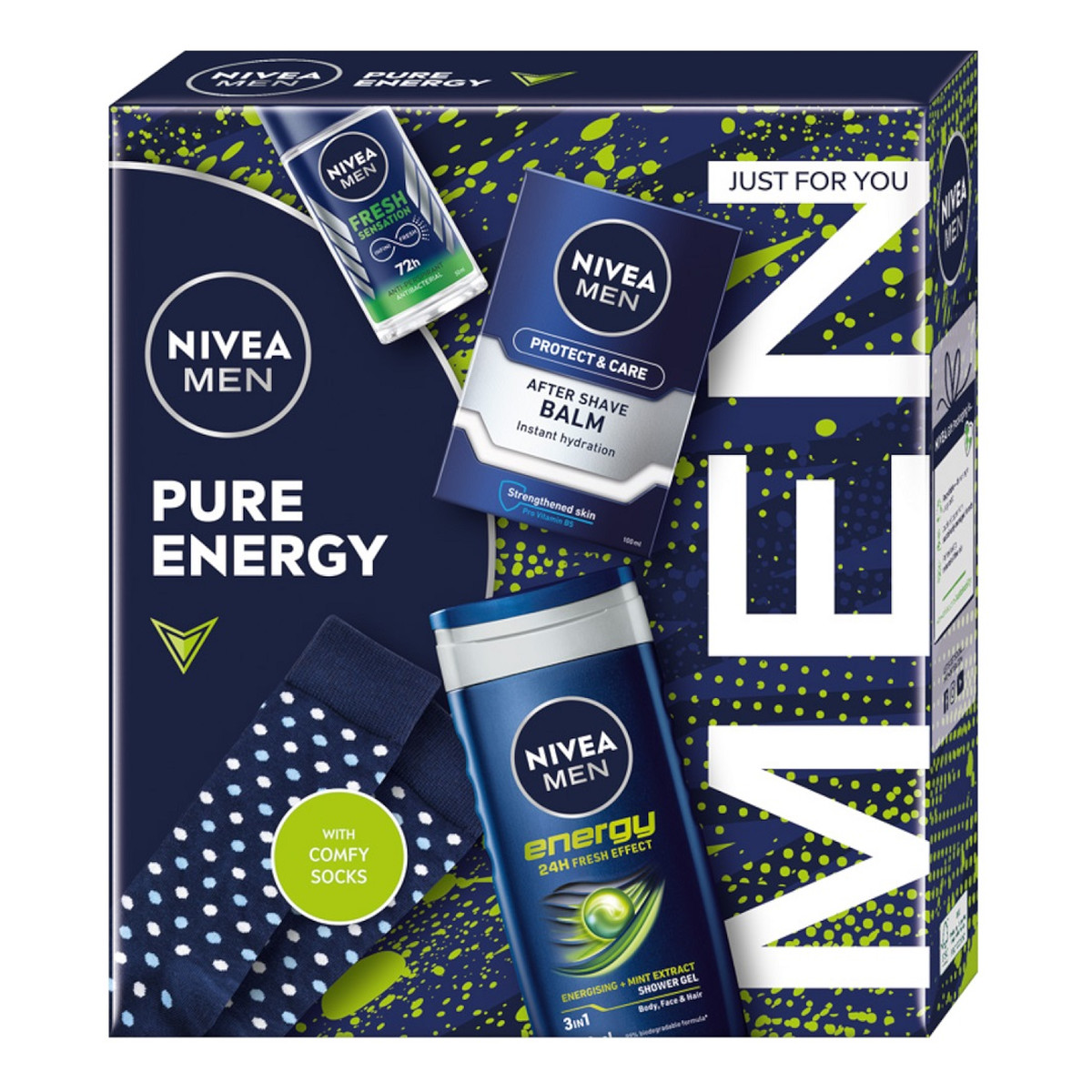 Nivea Men Pure Energy Zestaw antyperspirant roll-on 50ml + żel pod prysznic 3w1 250ml + nawilżający balsam po goleniu 100ml + skarpetki