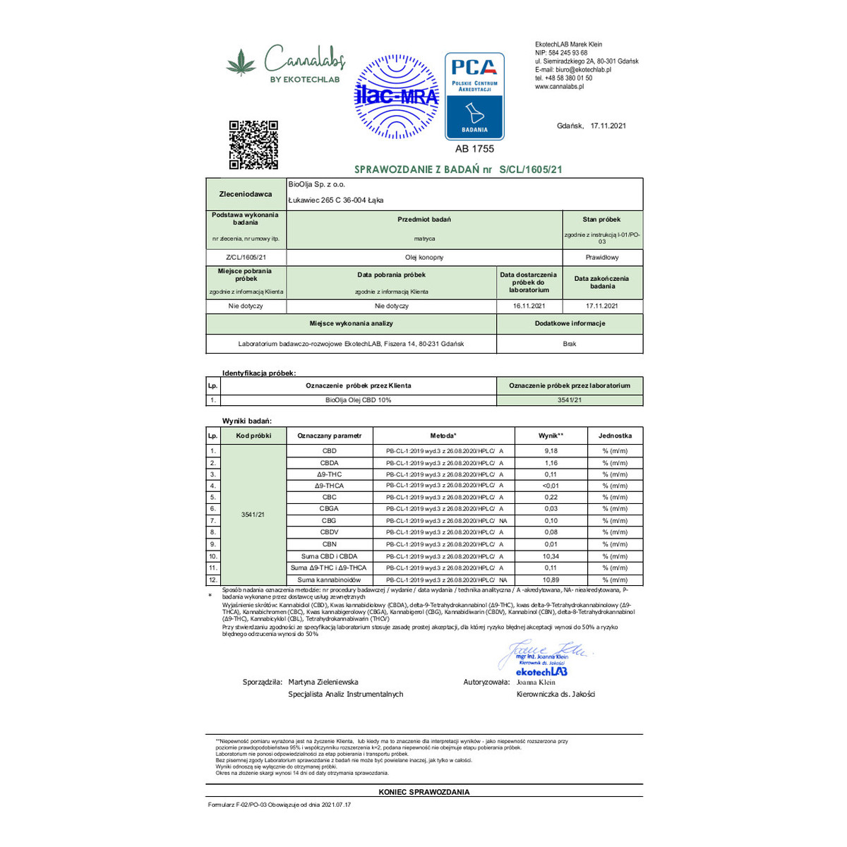 Bio Olja Olej konopny CBD 10% FULL SPECTRUM - CERTYFIKOWANY 10ml