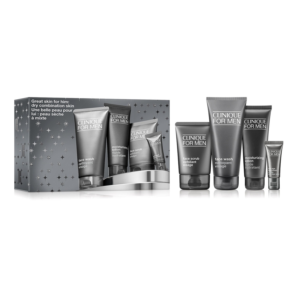 Clinique Great Skin for Him Zestaw żel do mycia twarzy 200ml + peeling do twarzy 100ml + przeciwstarzeniowy krem pod oczy 15ml + emulsja nawilżająca do twarzy 100ml