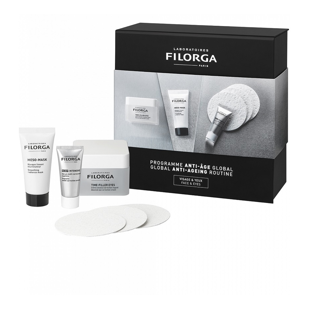 Filorga Global Anti-Ageing Routine Zestaw time-filler eyes 15ml + ncef-intensive serum 7ml + meso-mask 15ml + cellulose sponges