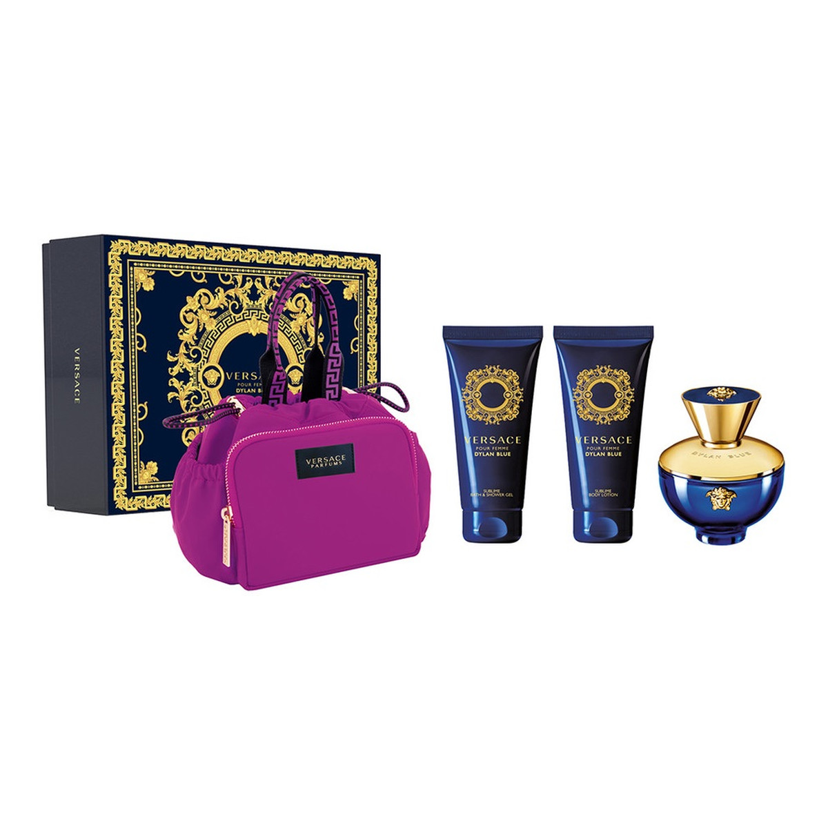 Versace Dylan Blue Pour Femme Zestaw woda perfumowana spray 100ml + żel pod prysznic 100ml + balsam do ciała 100ml + torba kosmetyczna