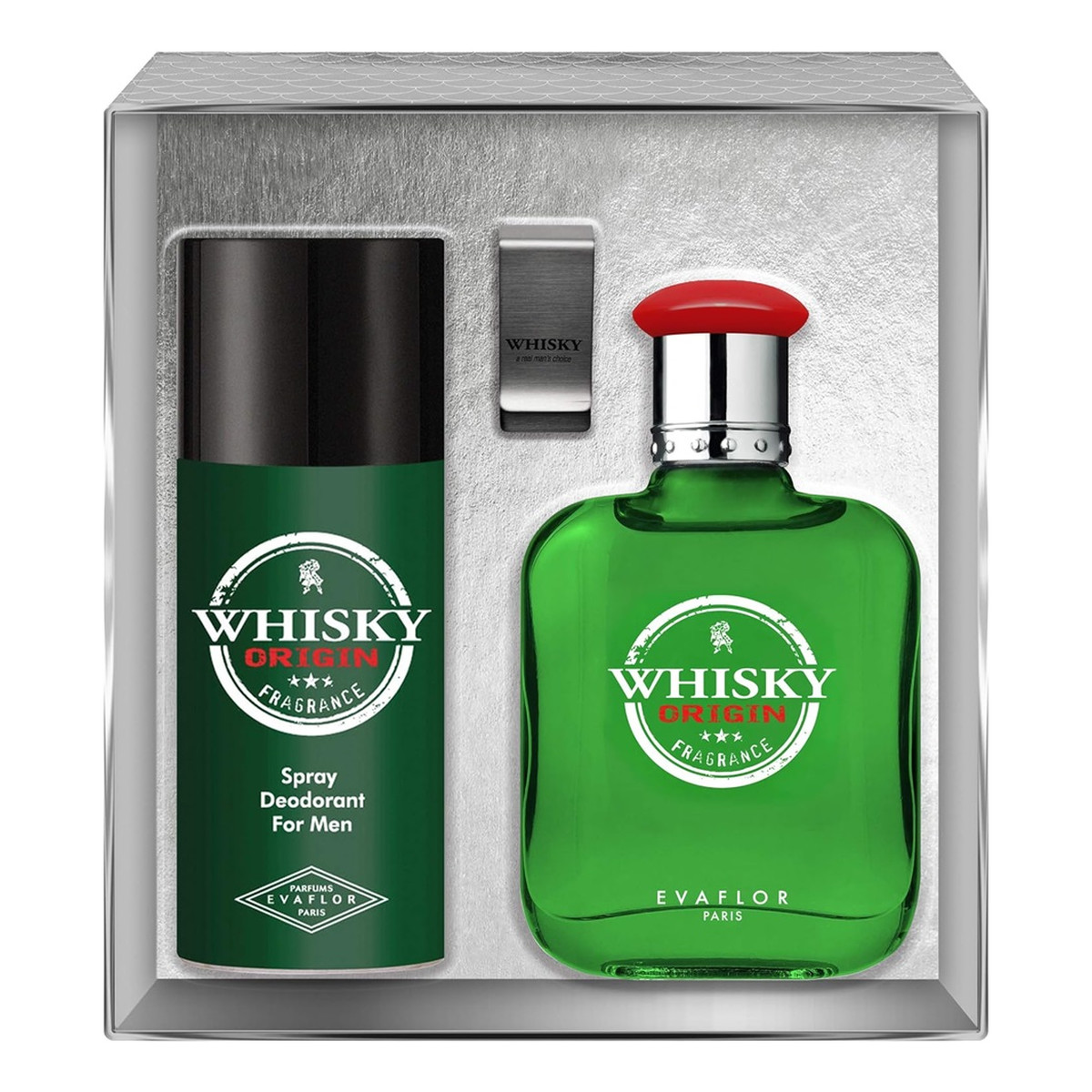 Evaflor Whisky Origin Zestaw woda toaletowa spray 100ml + dezodorant spray 150ml + klips na banknoty