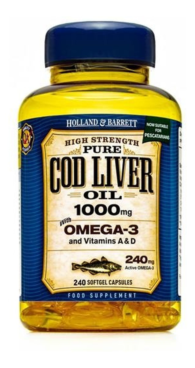 Pure Cod Liver Oil 1000mg olej z wątroby dorsza z kwasami Omega-3 suplement diety 240 kapsułek żelowych