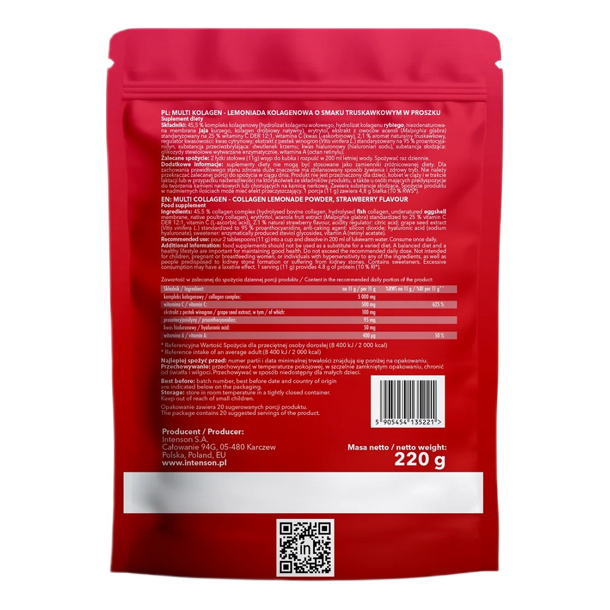 Intenson Multi Kolagen Lemoniada + witamina C + kwas hialuronowy + OPC suplement diety Truskawka 220g