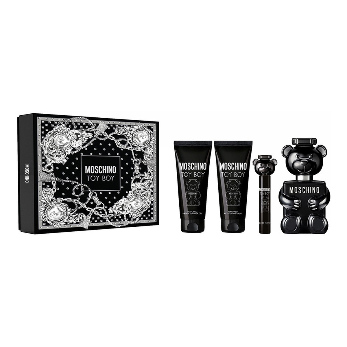Moschino Toy Boy Zestaw woda perfumowana spray 100ml + woda perfumowana spray 10ml + żel pod prysznic 100ml + balsam po goleniu 100ml