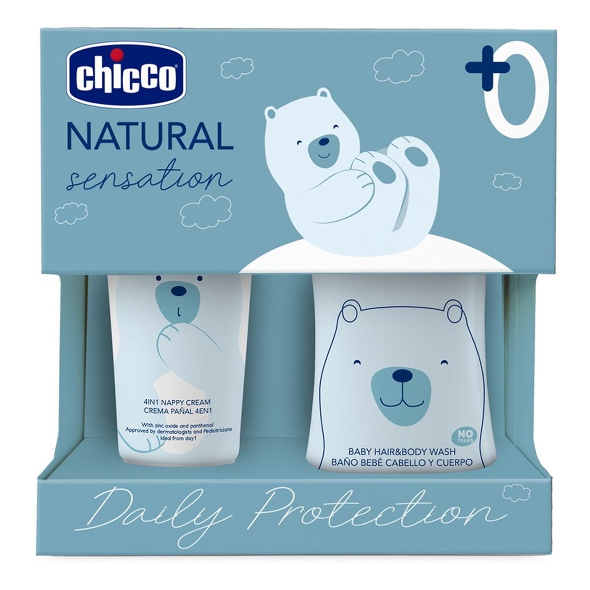 Chicco Natural Sensation Daily Protection Zestaw płyn do mycia ciała i włosów 200ml + krem do pieluszki 4w1 100ml