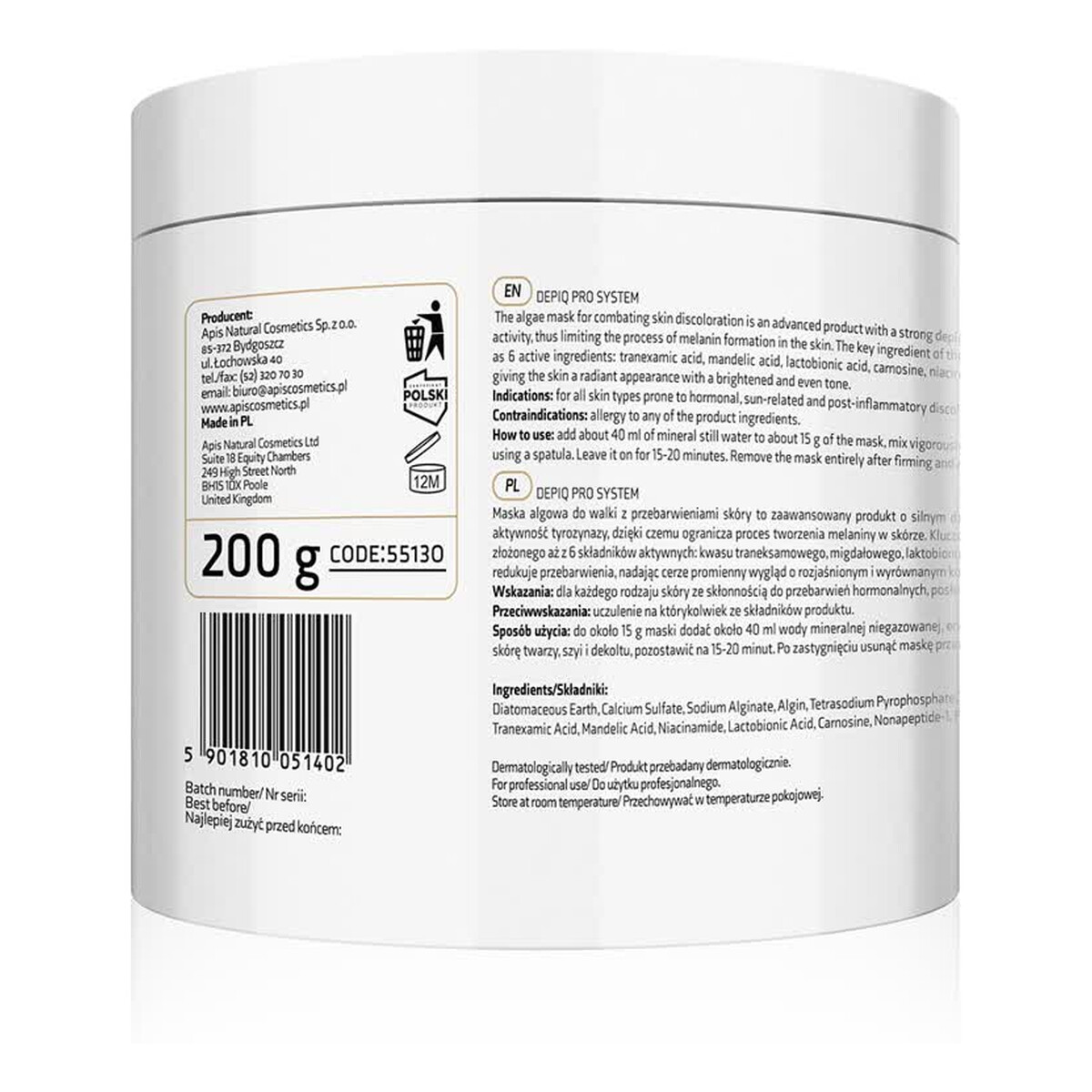 Apis Depiq Pro System Depigmentująca maska algowa z alfa-arbutyną 1% i kompleksem rozjaśniającym 1% 200g