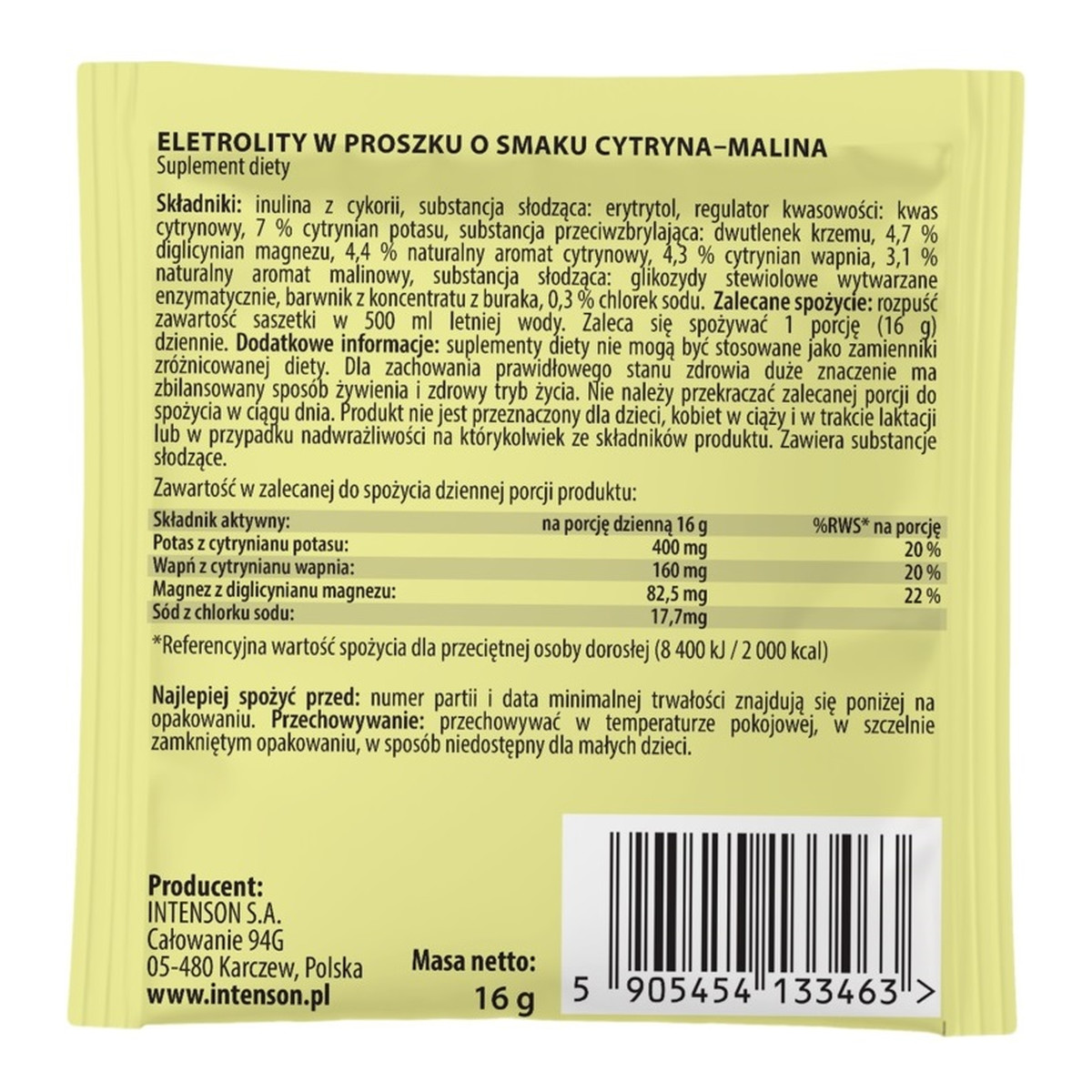 Intenson Elektrolity z obniżoną zawartością sodu o smaku cytryna-malina 16g
