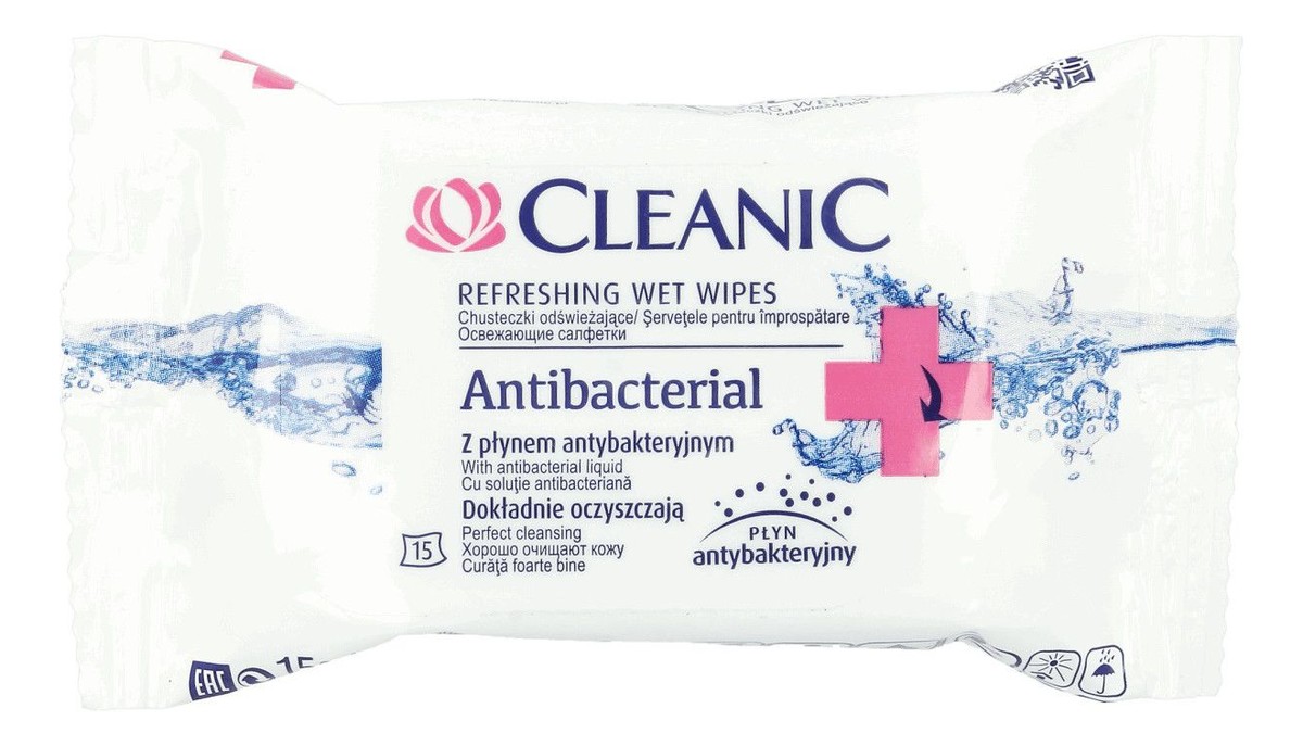 Refreshing Wet Wipes Chusteczki Odświeżające Antibacterial 15 szt. z Płynem Antybakteryjnym