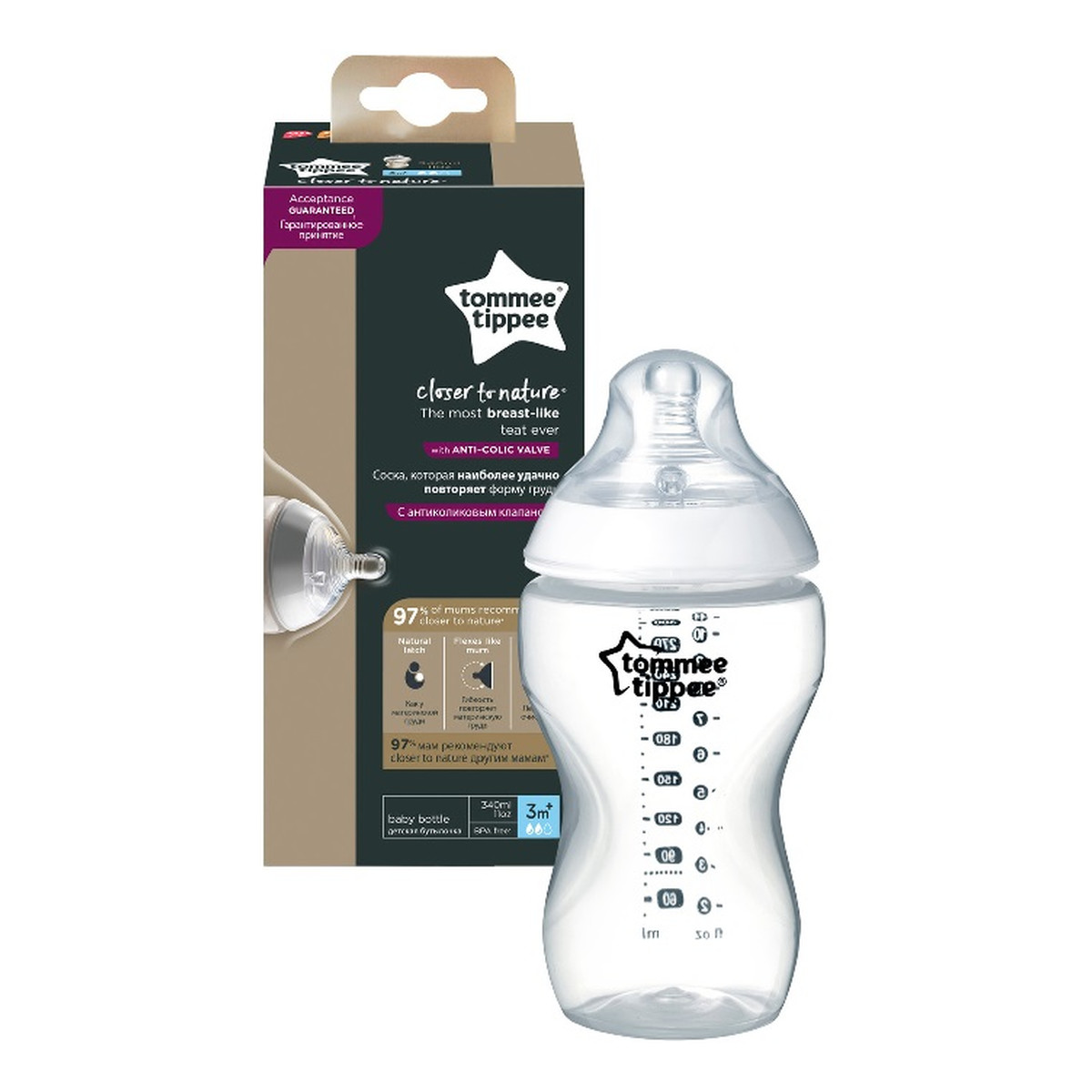 Tommee Tippee Closer to nature butelka do karmienia ze smoczkiem silikonowym 3m+ 340ml