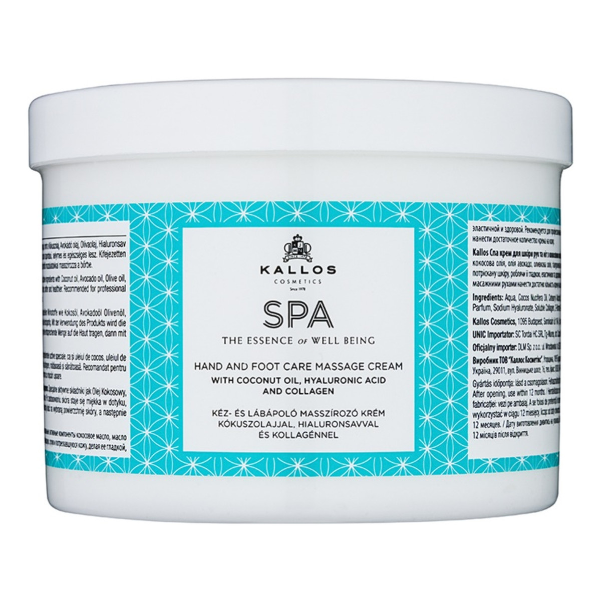 Kallos Spa Hand and Foot Care Massage Cream krem do masażu rąk i stóp Coconut Oil Hyaluronic Acid & Collagen 500ml