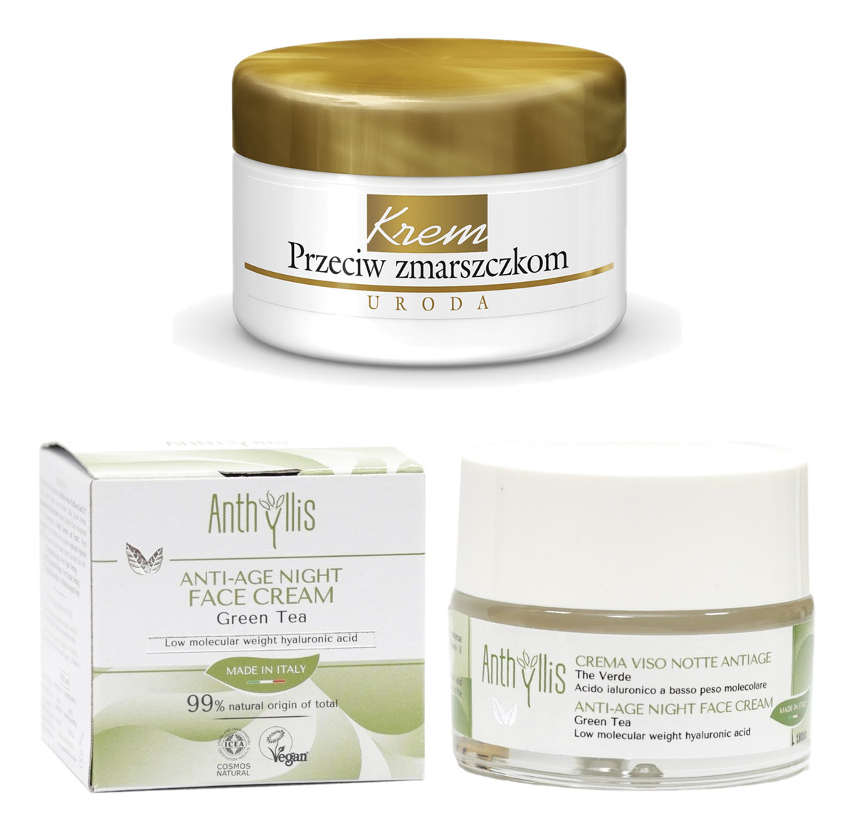 Krem do twarzy anti-age na noc zielona herbata kwas hialuronowy 50ml + Uroda krem przeciw zmarszczkom 37ml