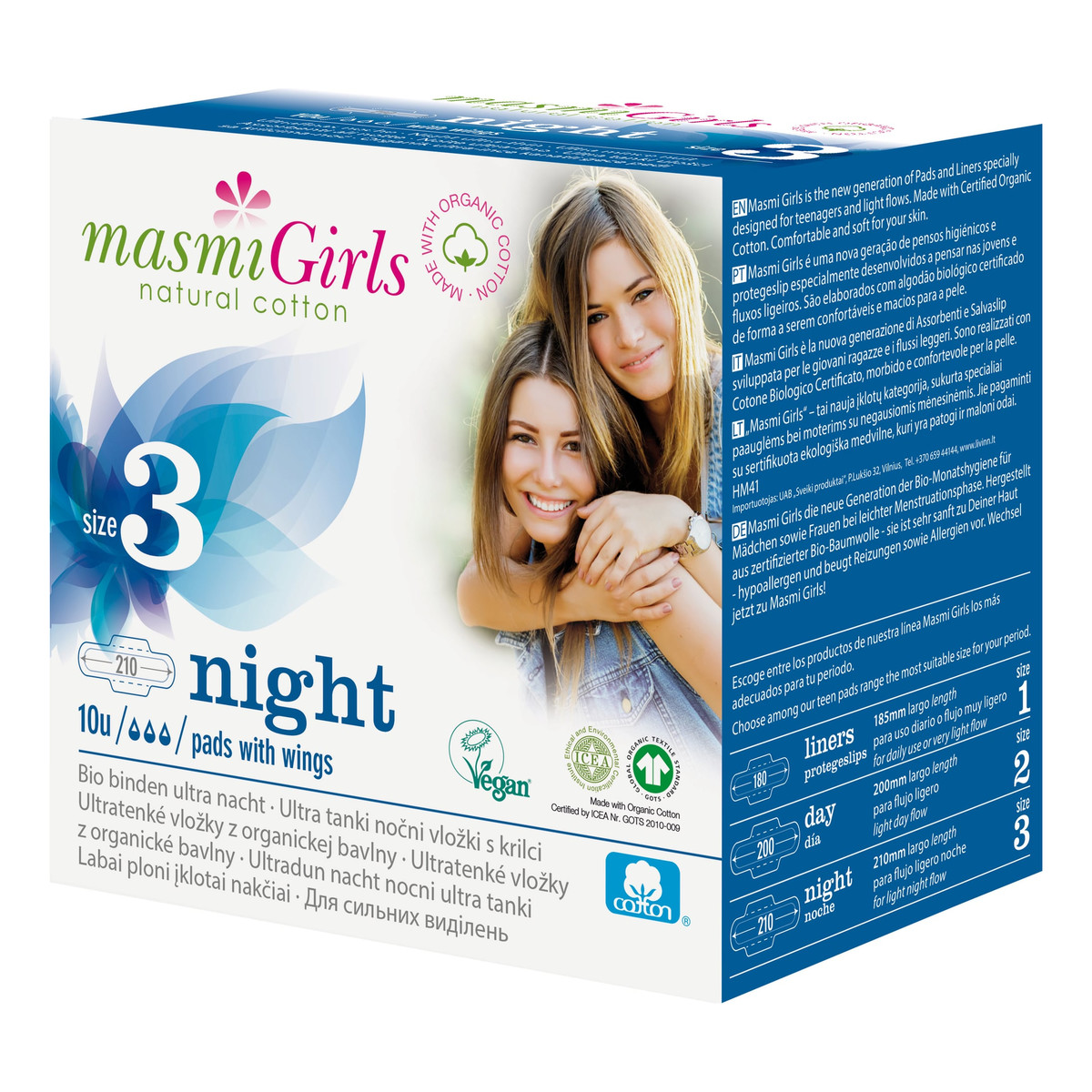 MASMI Girls podpaski na noc 100% bawełny organicznej 10 szt